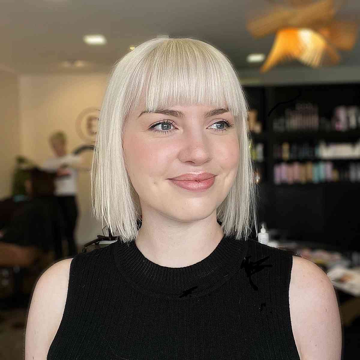 Light Blonde One-Length Bob with Bangs for Fine Hair