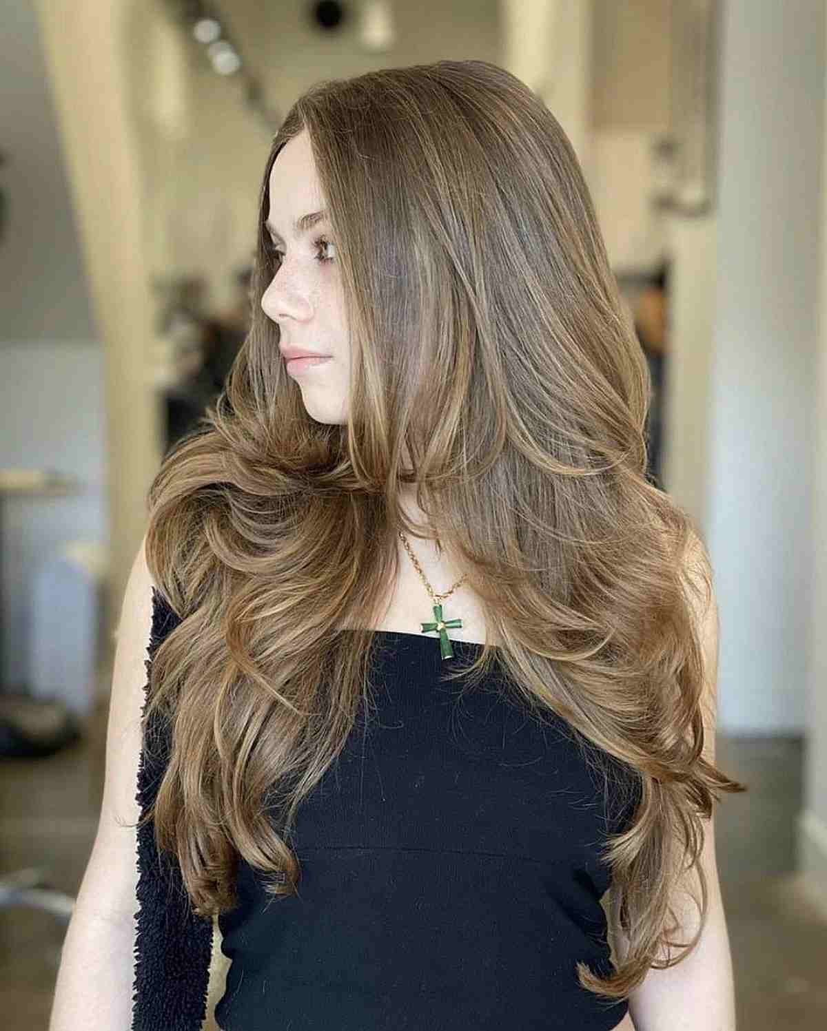 Light Brown Extra Long Layers on Long Straight Hair