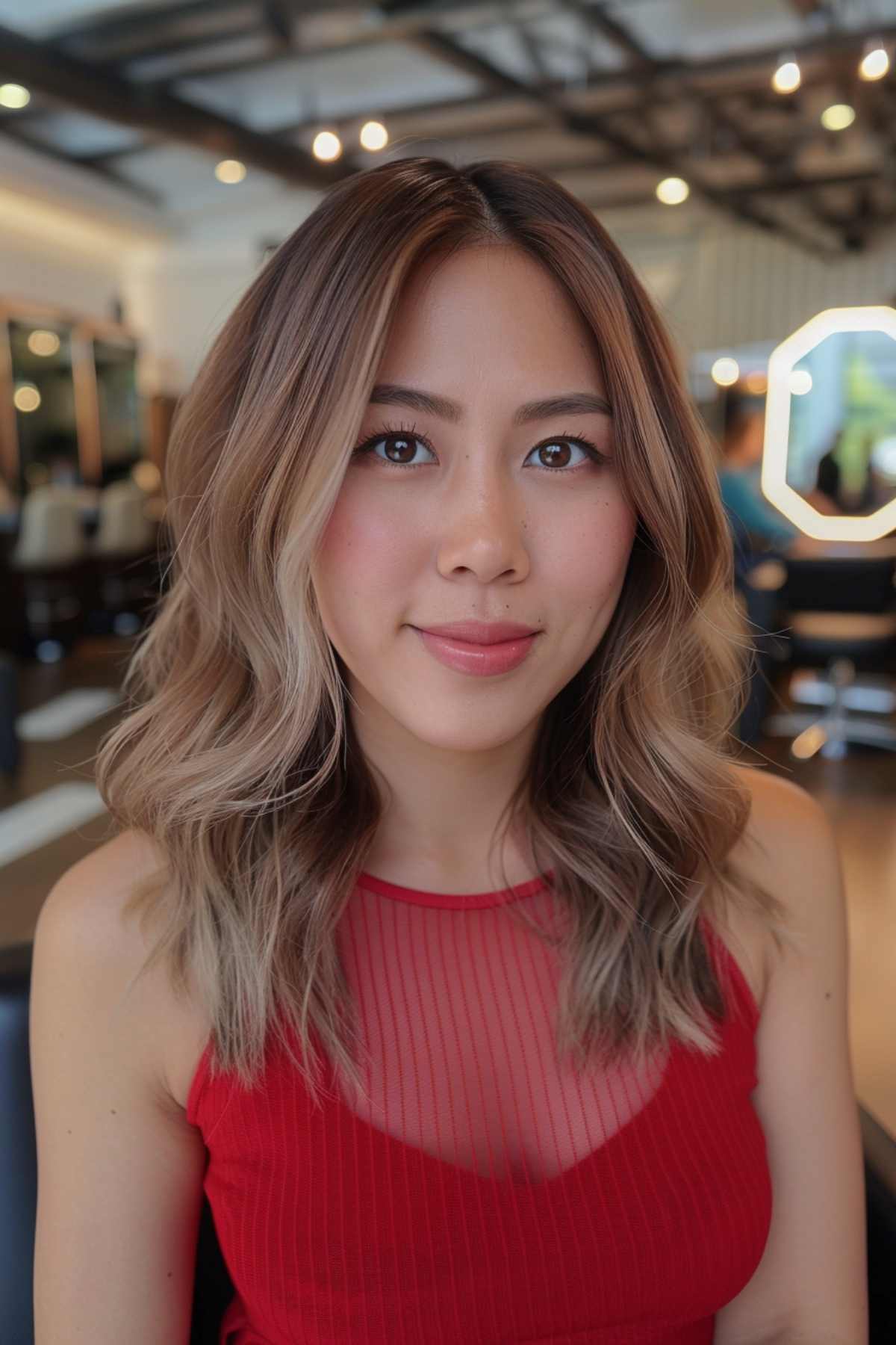 Light brown wavy hair on Asian woman with soft face-framing layers