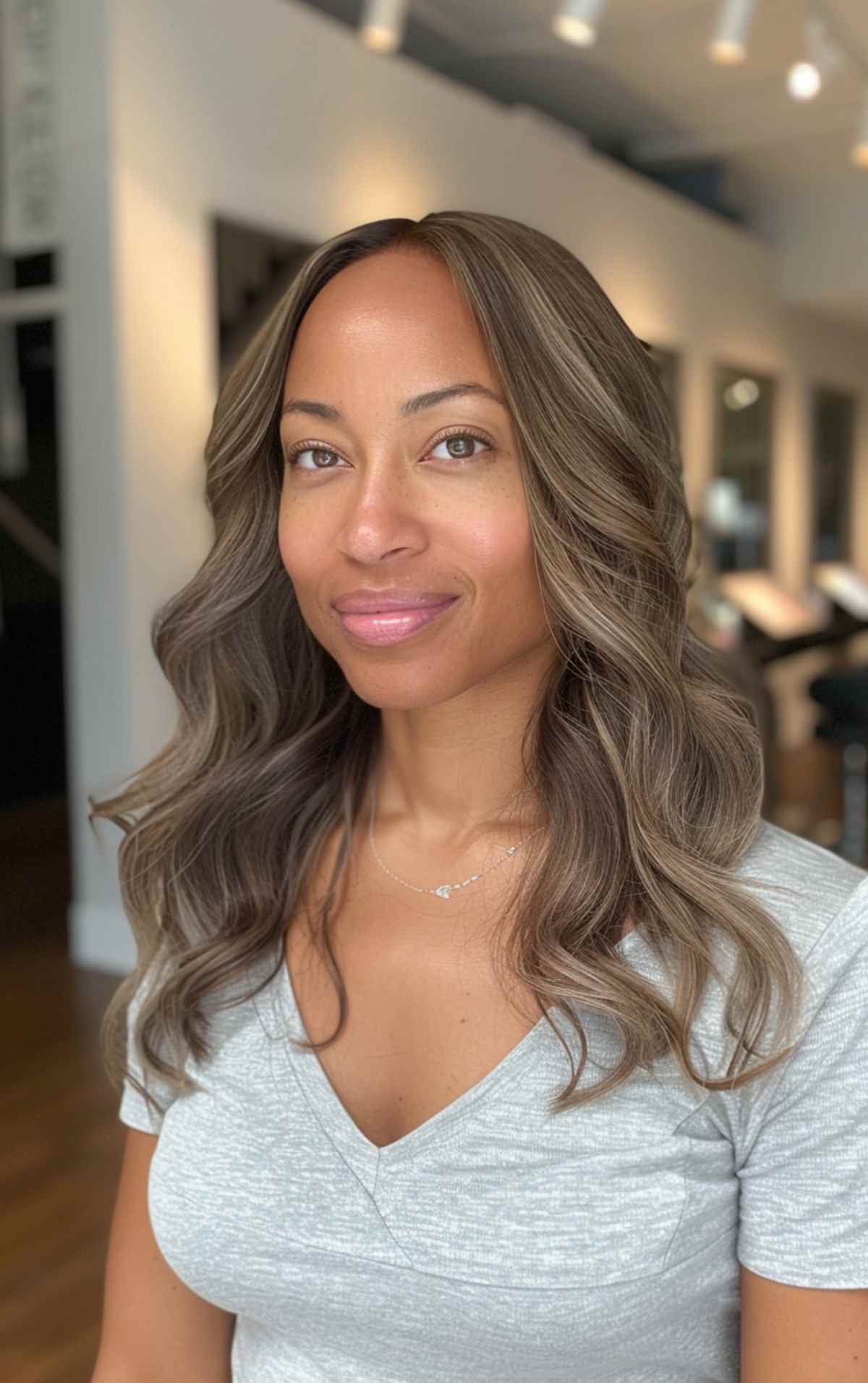 Light brown wavy hair on brown skin for a warm, glowing look