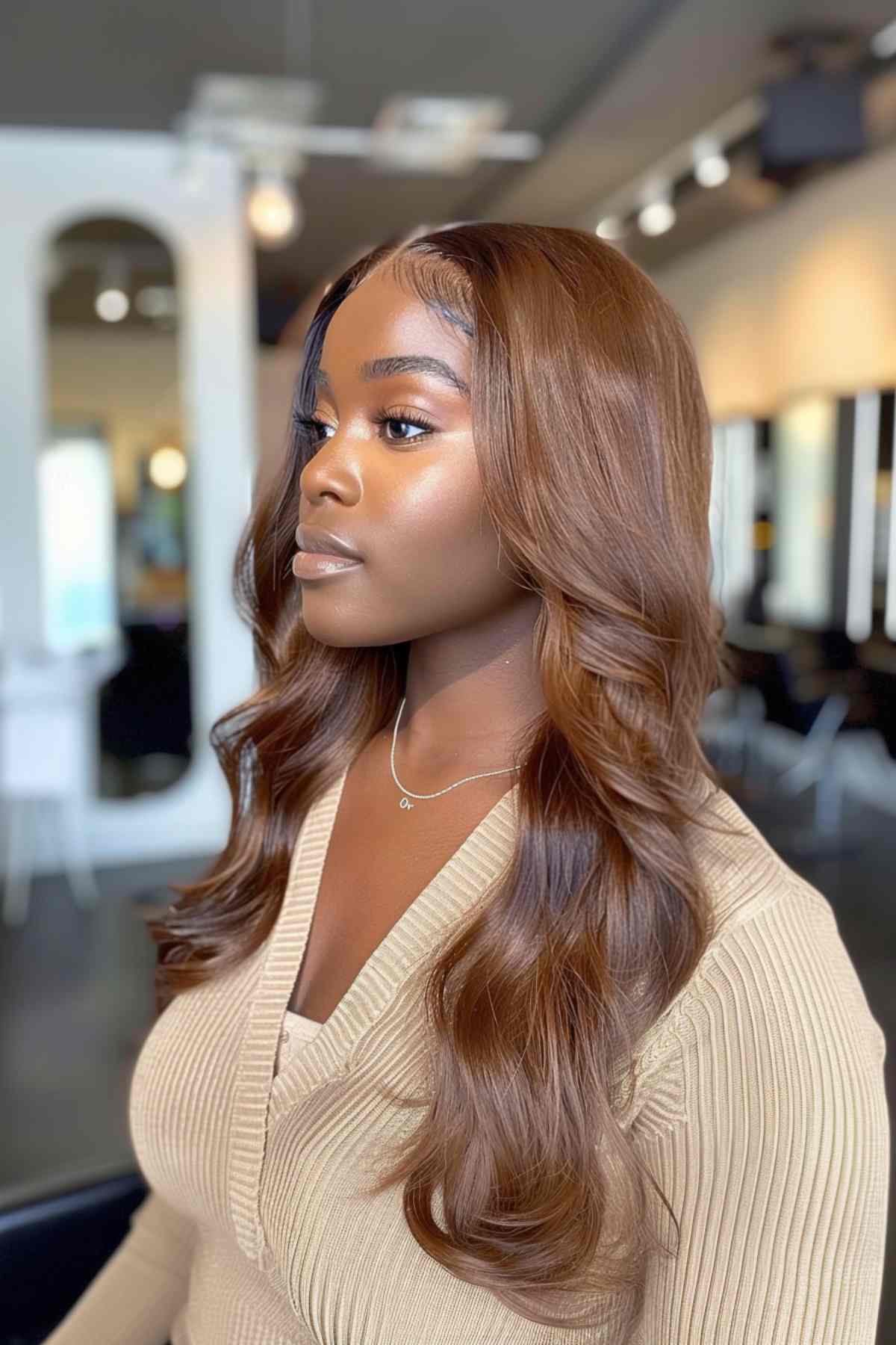 Light brown wavy hair on dark skin, offering a soft, glowing contrast