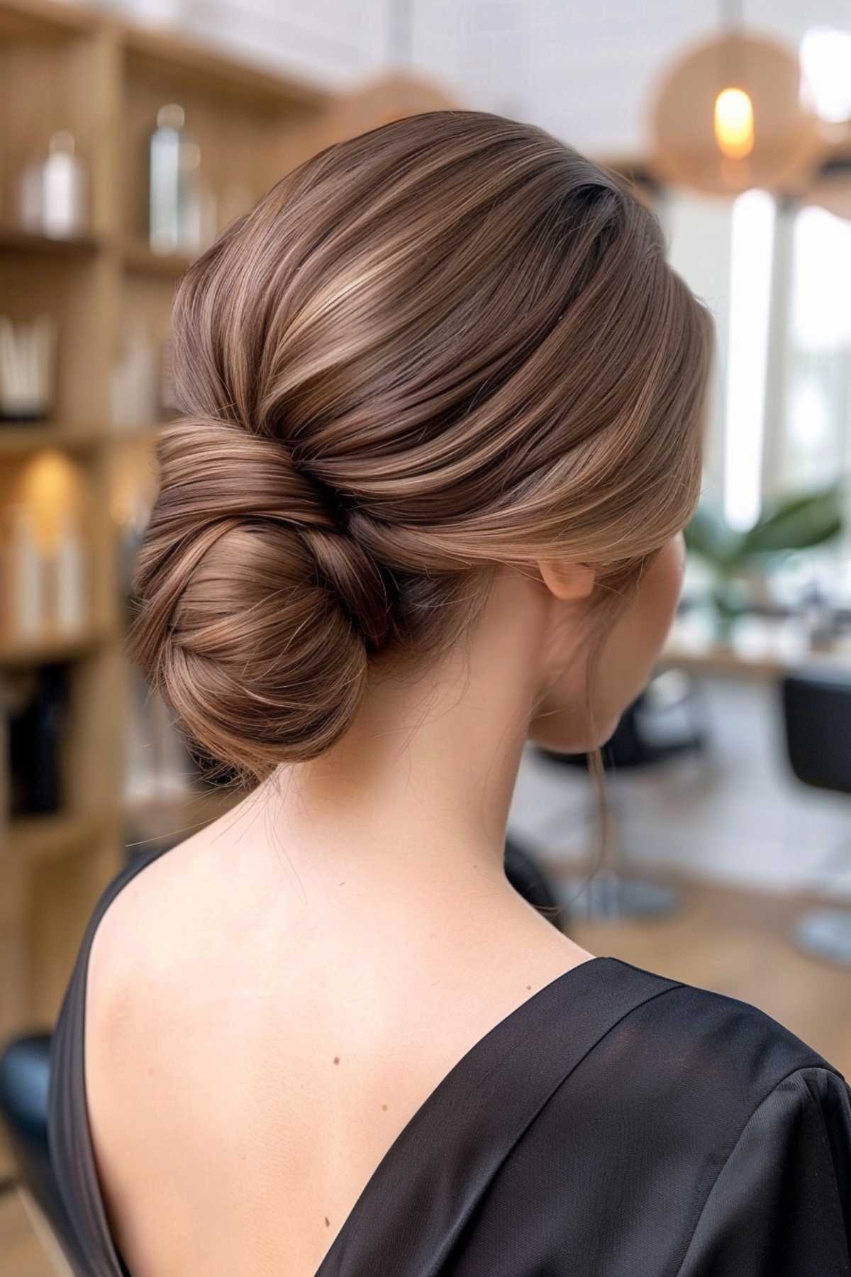 Elegant light brown twisted low bun updo with smooth, polished texture