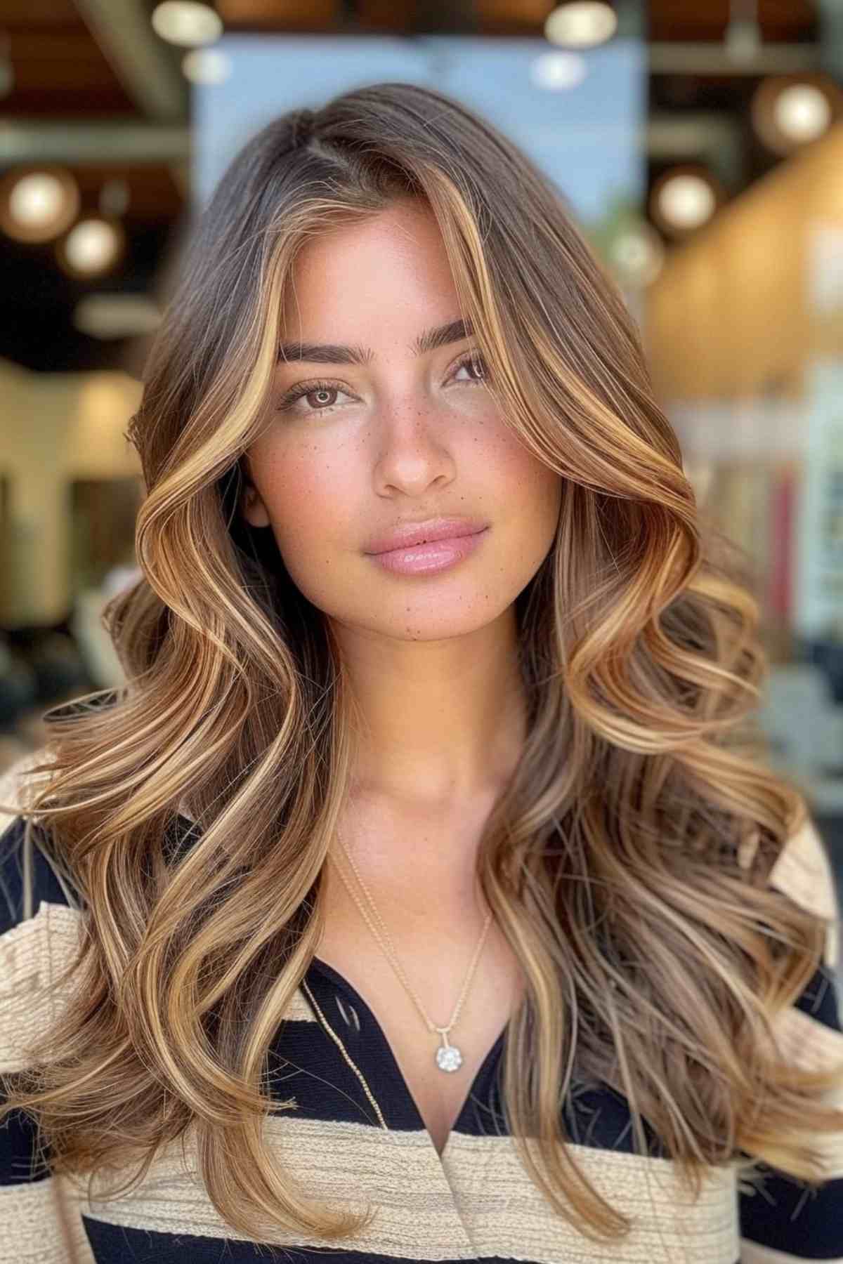 Light brown hair with lighter front pieces and soft face-framing layers