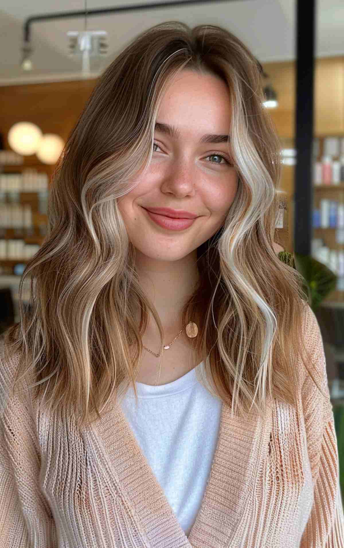 Mid-length light brown hair with light face-framing money piece highlights