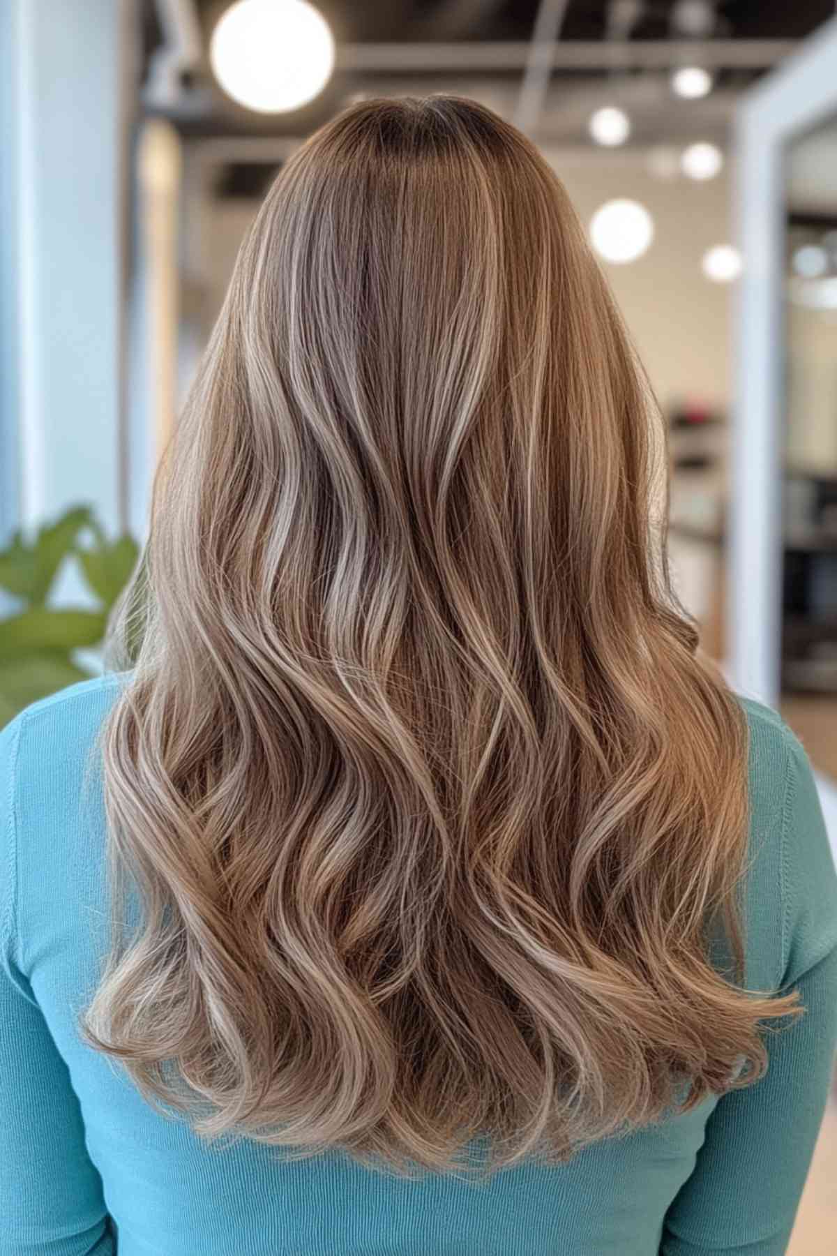 Light brown hair with subtle lighter brown highlights and wavy layers