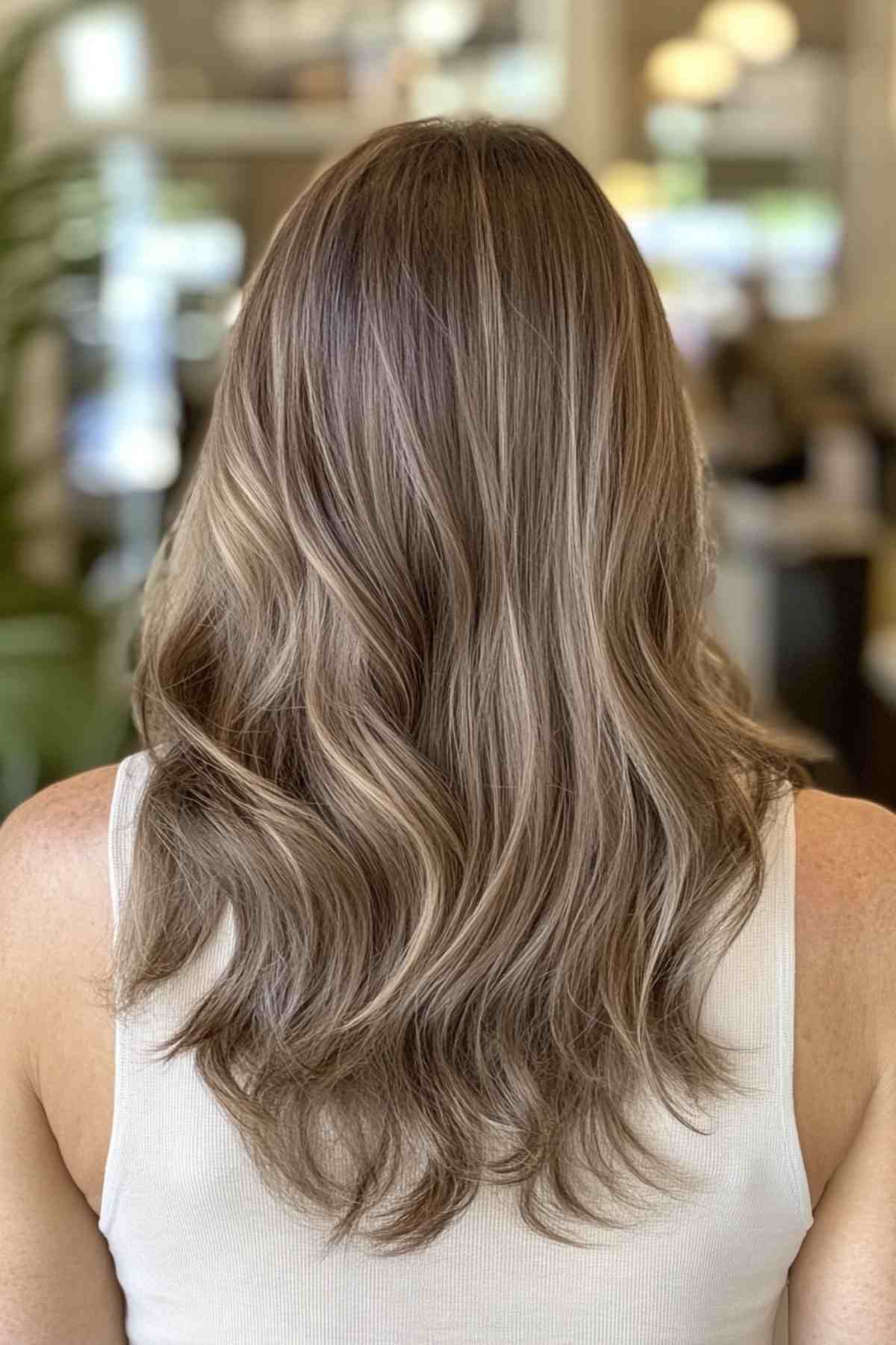 Medium-length light brown hair with subtle, blended highlights