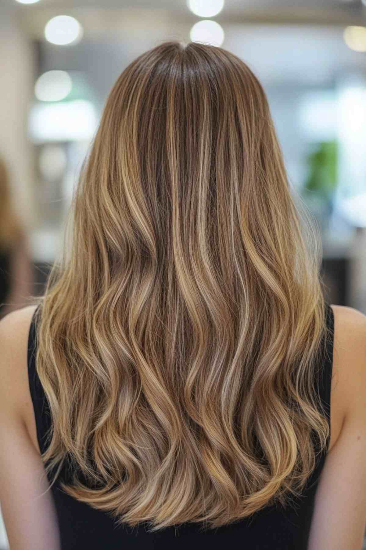 Long light brown hair with soft blonde highlights and loose waves