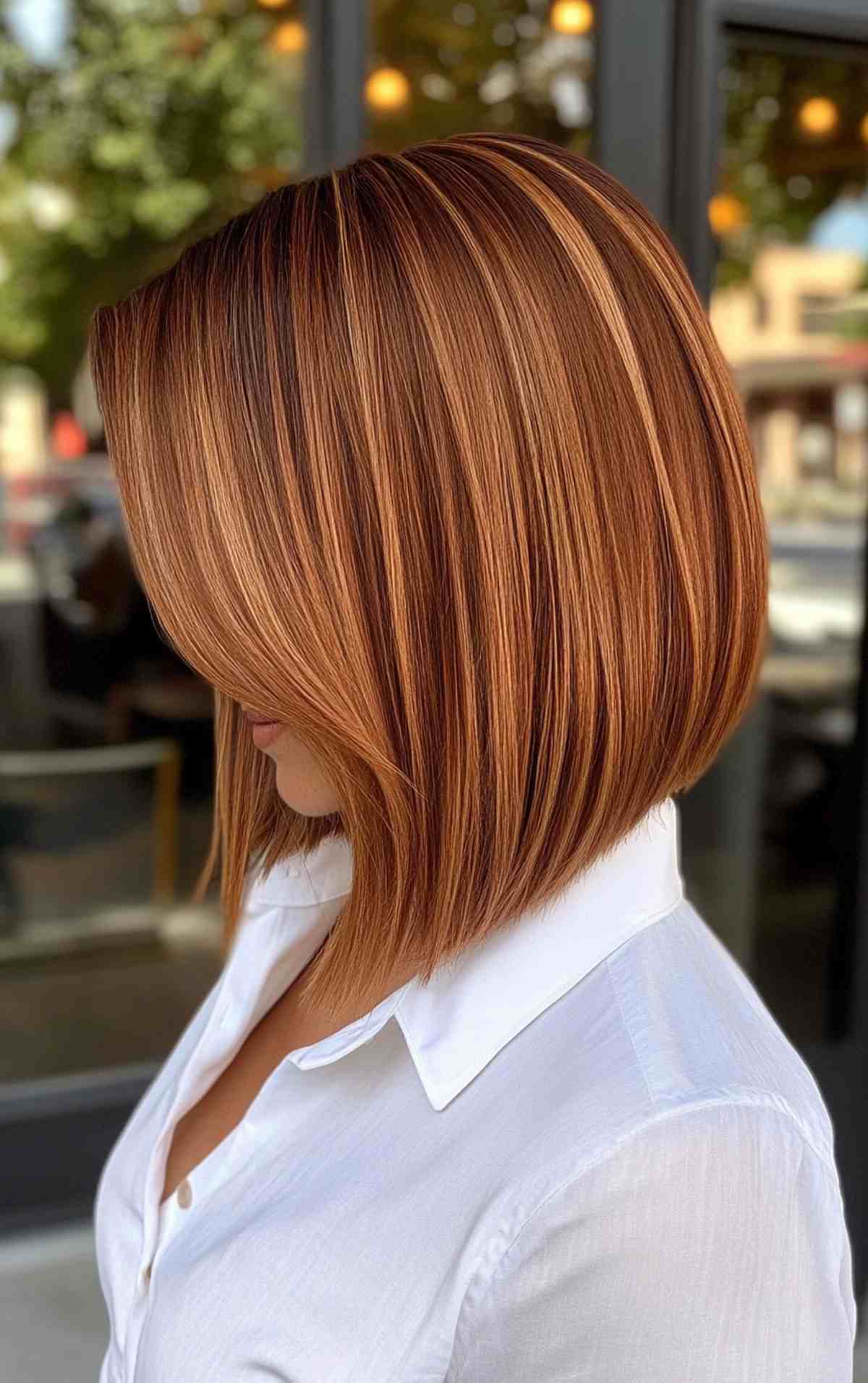 Light brown bob with red highlights, precision cut for a bold, dimensional look