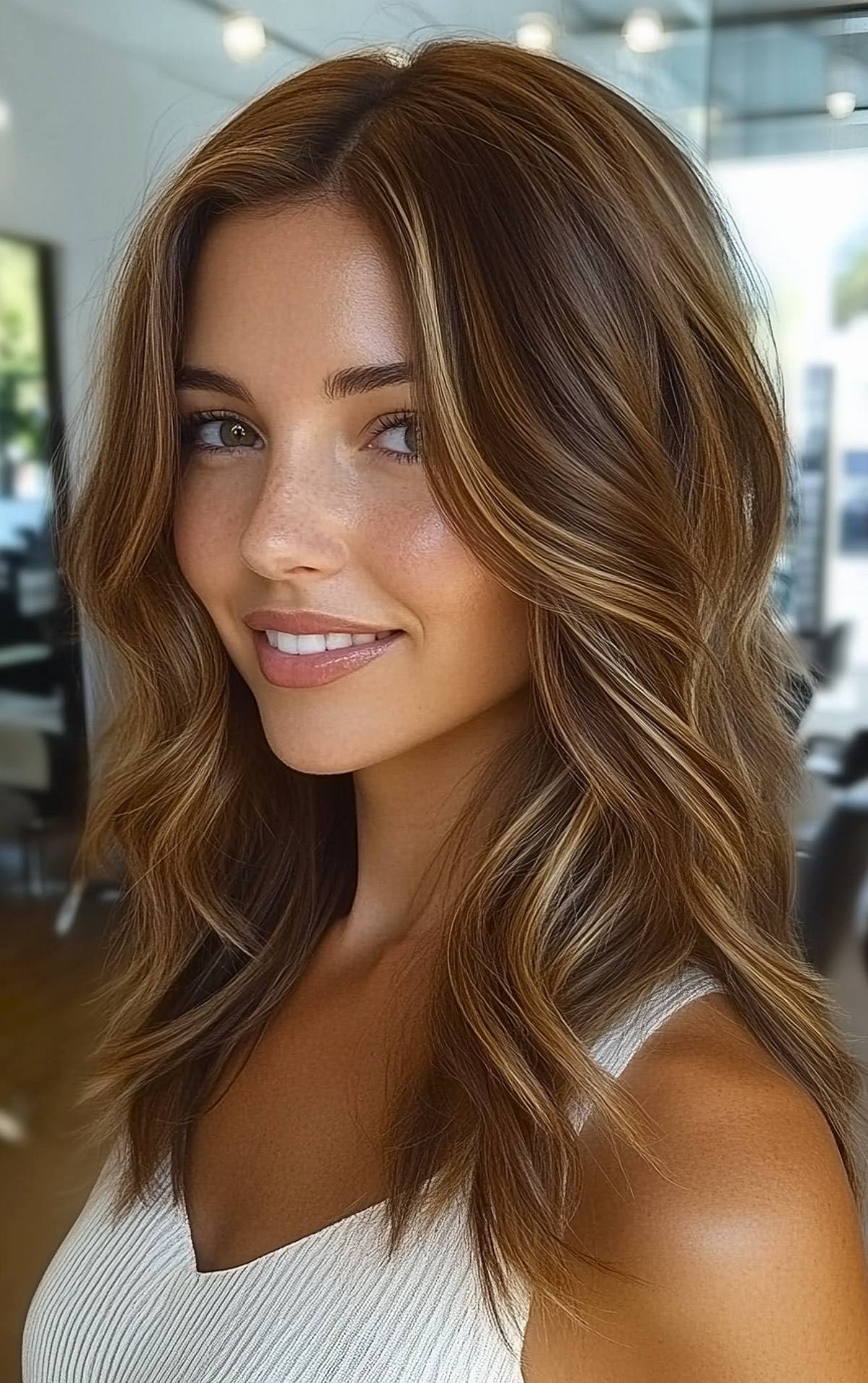 Wavy medium brown hair with light brown highlights