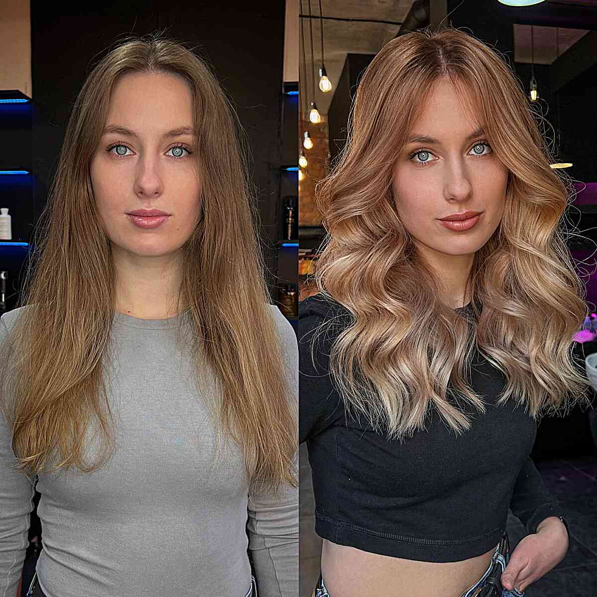 Light Brown to Blonde Ombre with a Middle Parting for women with mid-length hair