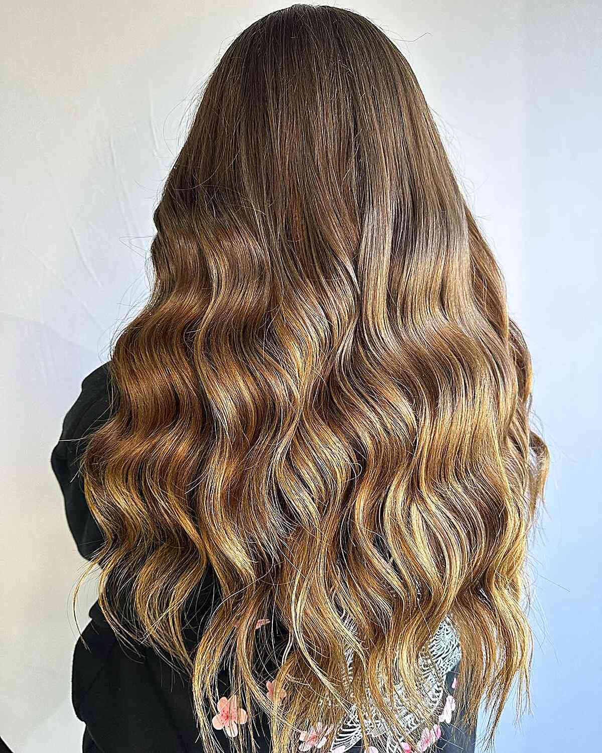 Long-length Wavy Light Brunette Hair with Golden Highlights