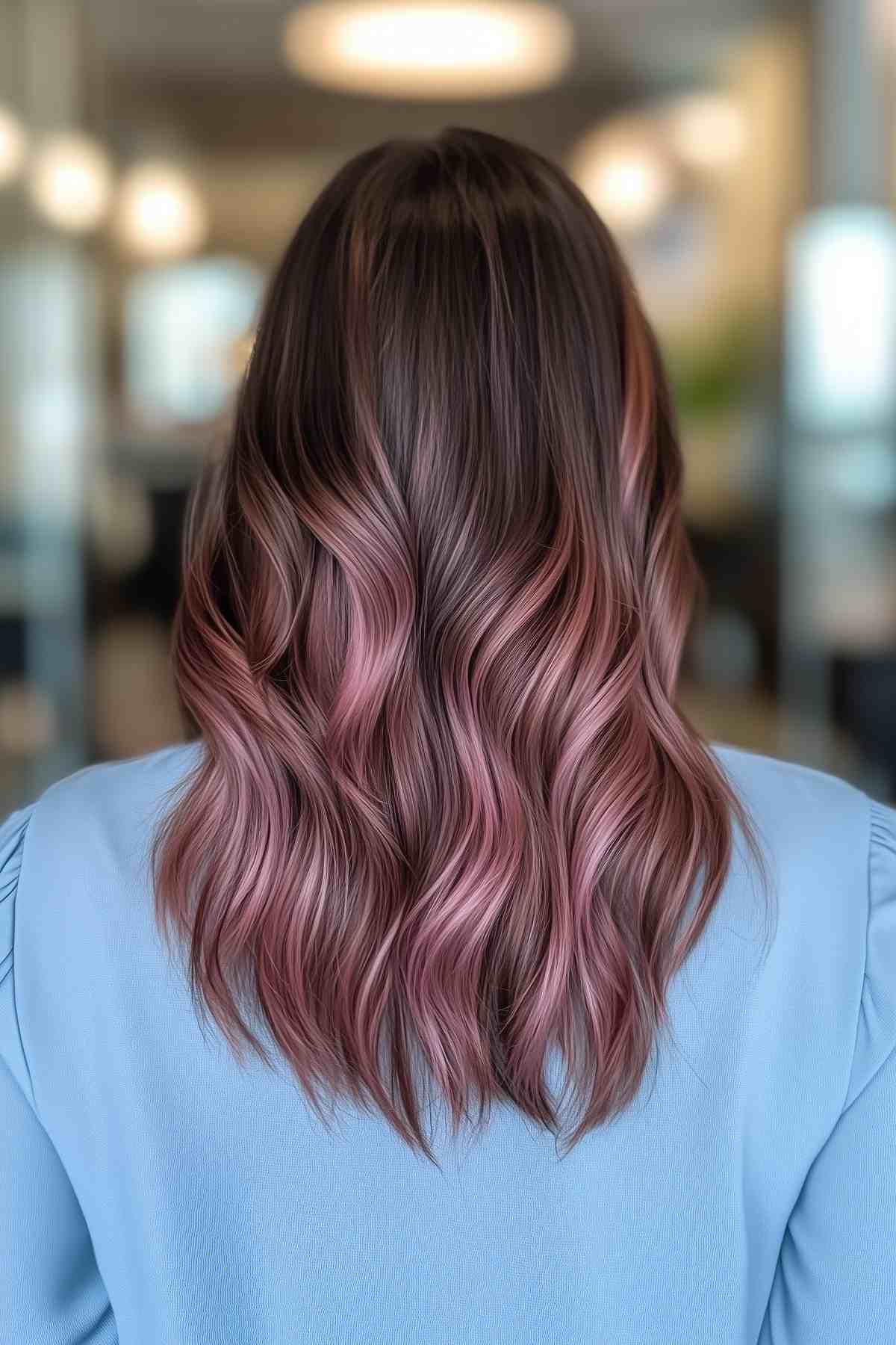 Light brunette hair with rose gold balayage fall hair color