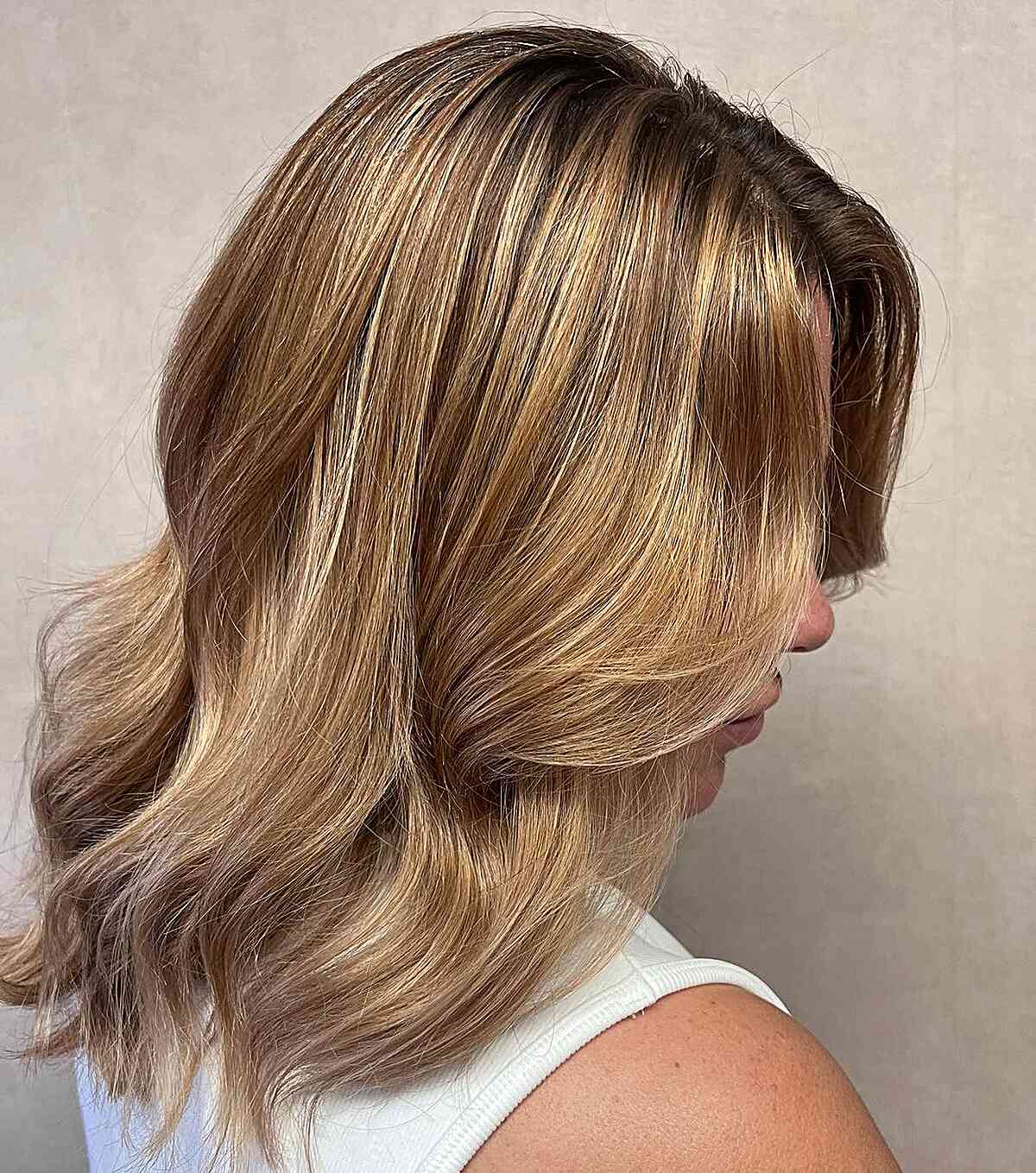 Light Caramel Blonde with Dark Roots for Medium Hair