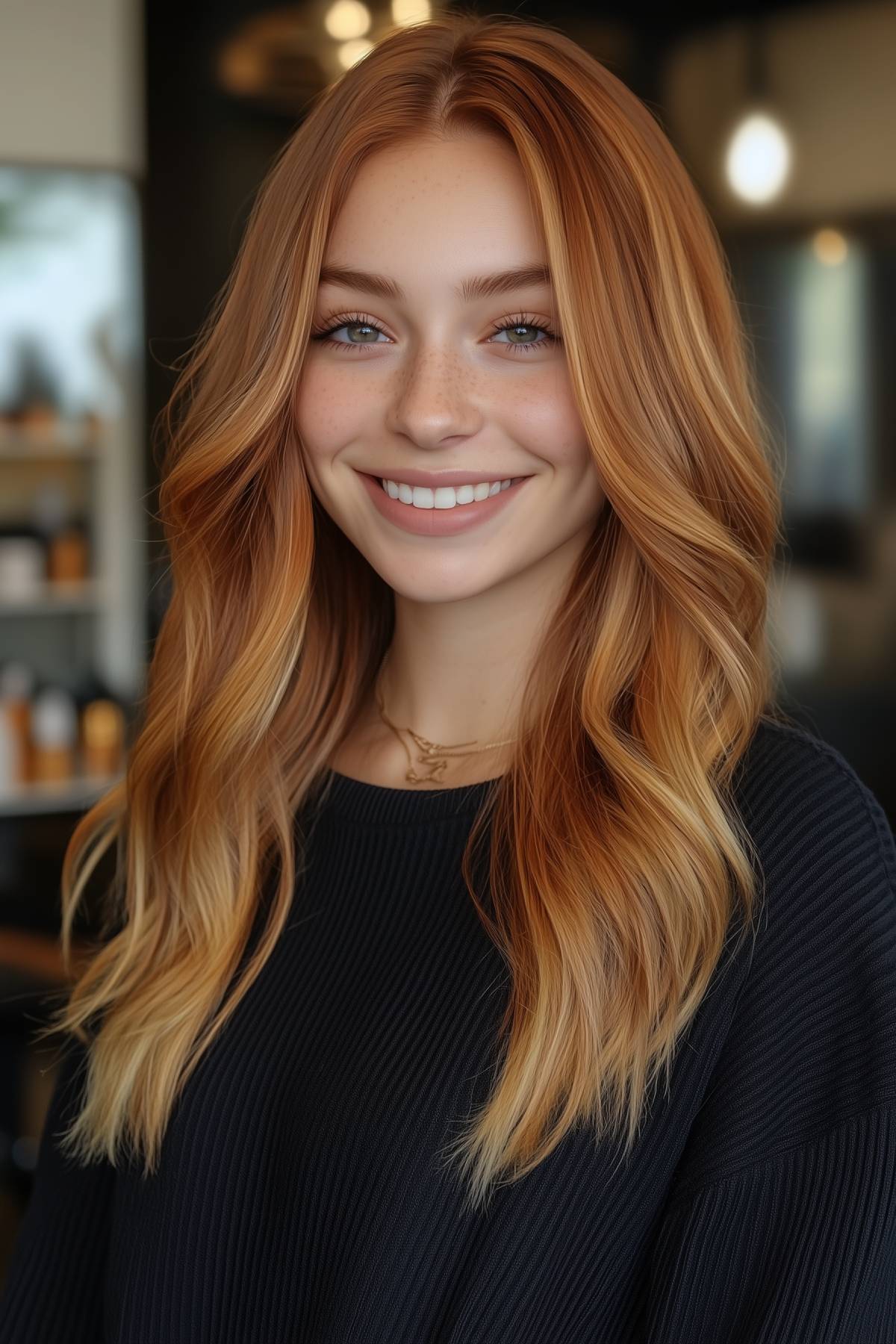 Light copper hair with blonde highlights in wavy long layers