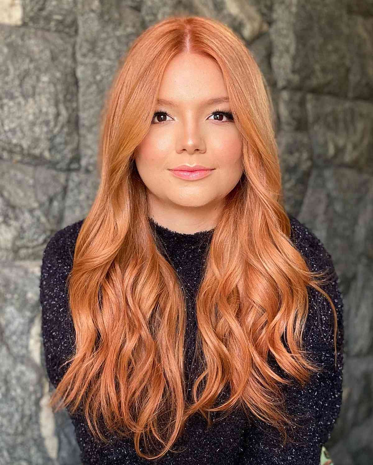 Light Copper Long Hair with a Middle Part for Round Faces