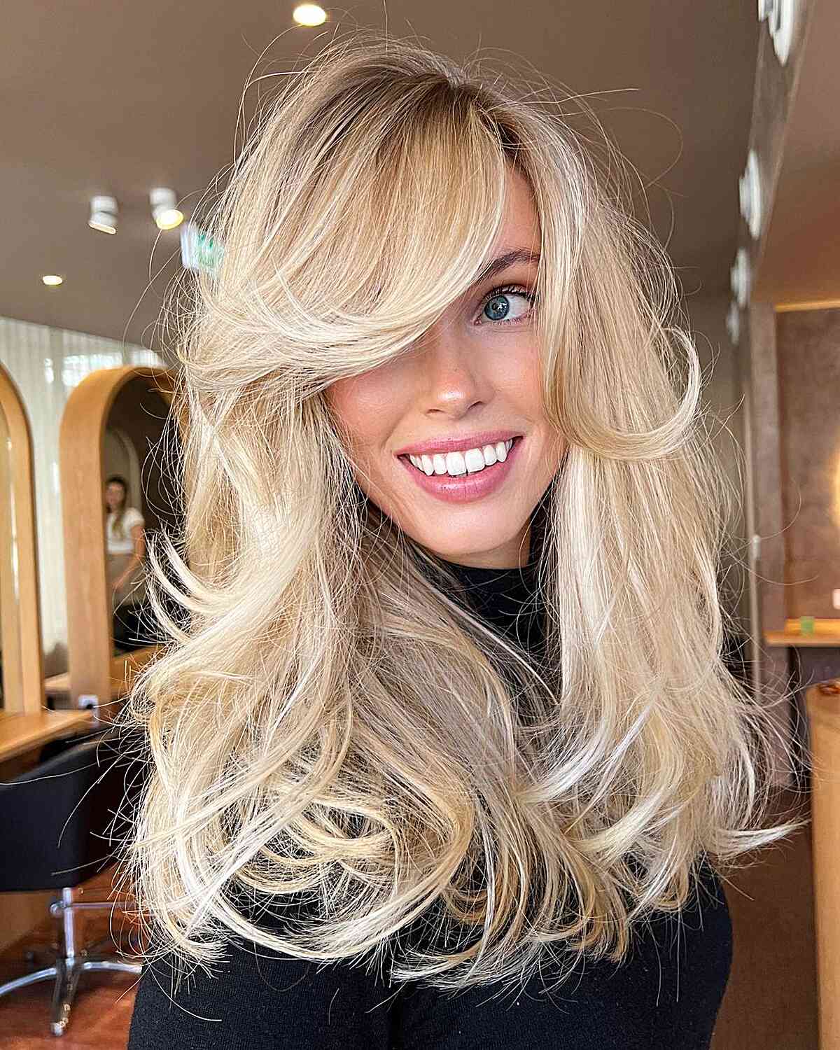 Light Creamy Barbie Golden Blonde with Long Messy Layers and Long Bangs