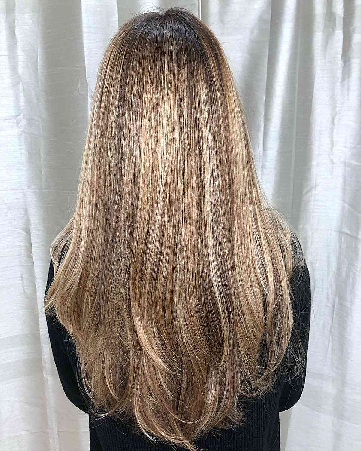 Light Dirty Honey Blonde Balayage Hair with Darker Roots and Long Layers