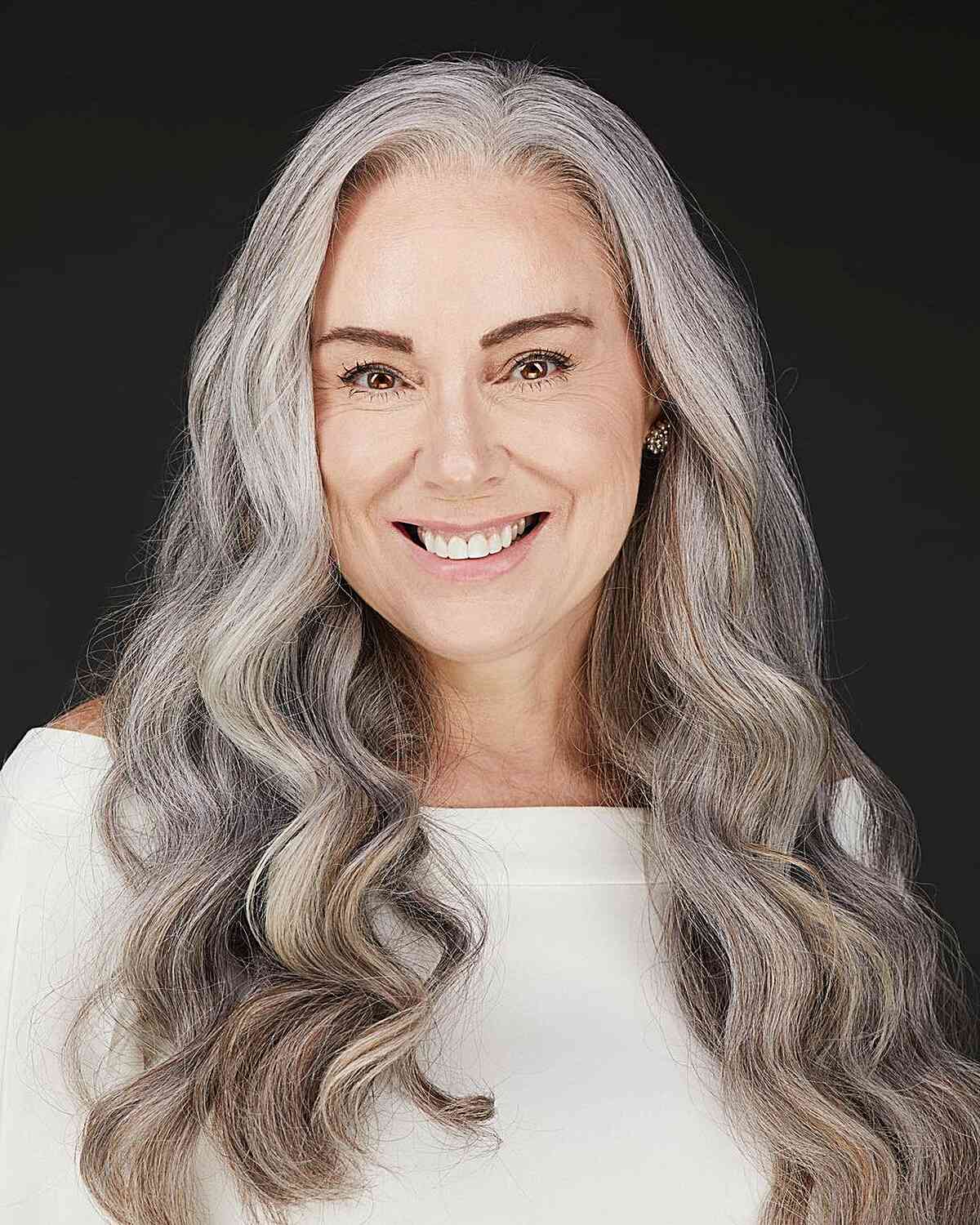 Light Grey Long Hair with Lowlights and Waves for Women Aged 60 and Up