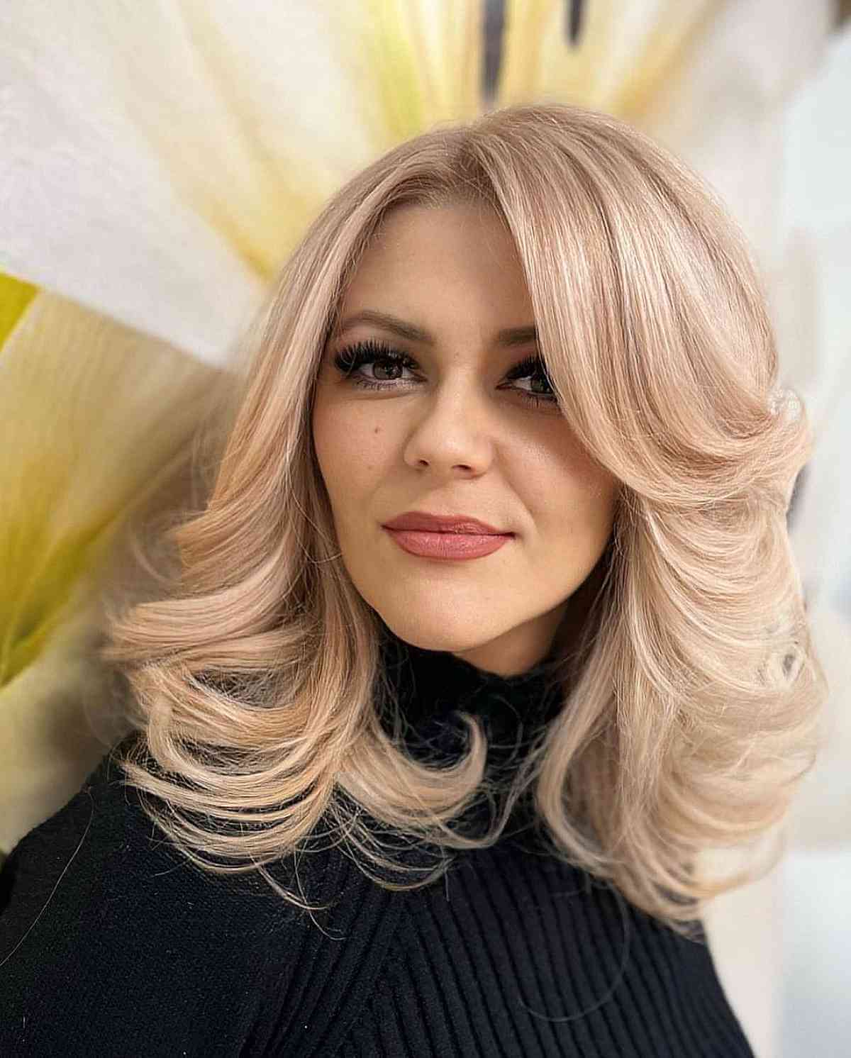 Light Honey Blonde Feathered Lob for Heart Faces