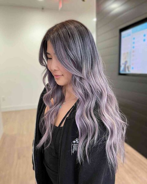 A Light Lavender Grey Ombre Hair with Long Waves
