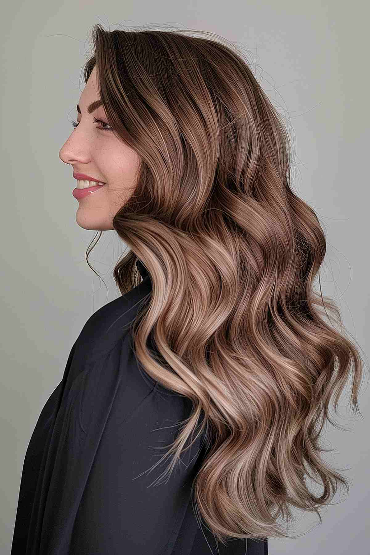 Side profile of a woman with light mushroom brown hair styled into soft waves, enhancing her features with a natural and gentle glow.