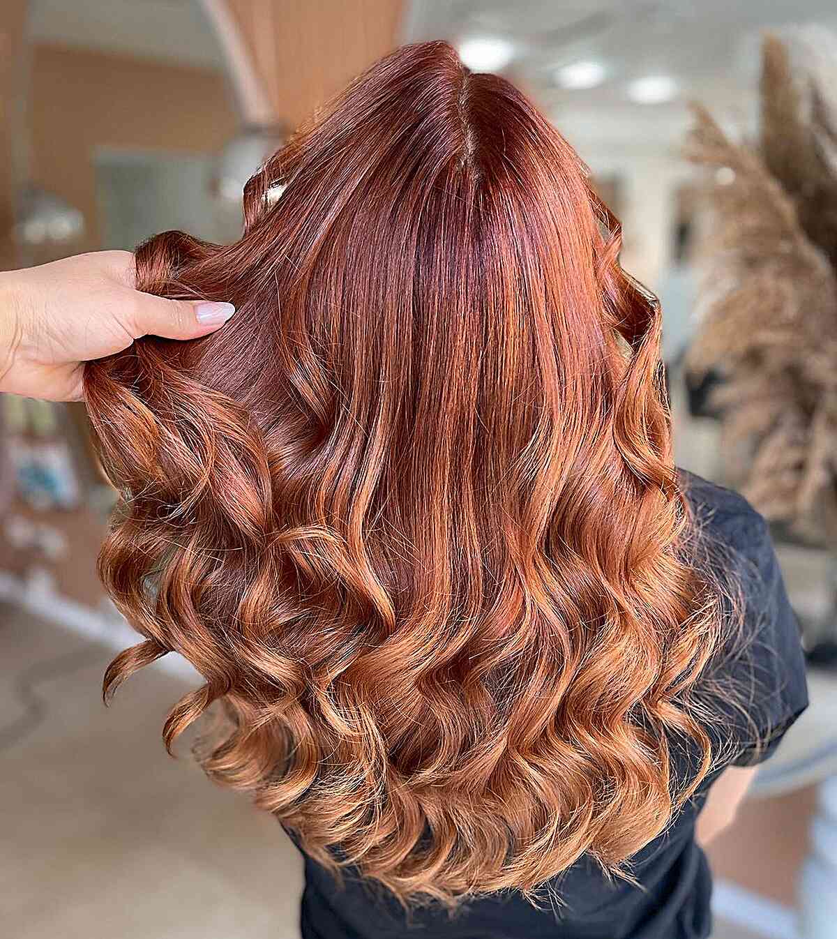 Light Pumpkin Spice Red on Long Wavy Hair