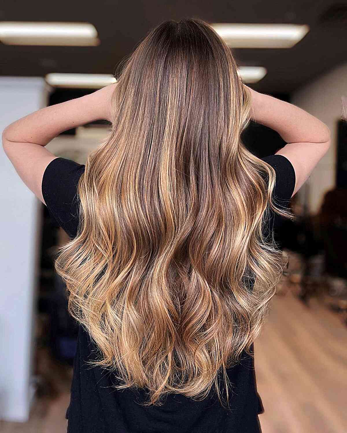 Light Strawberry Blonde Balayage for Long Layered Brunette Hair