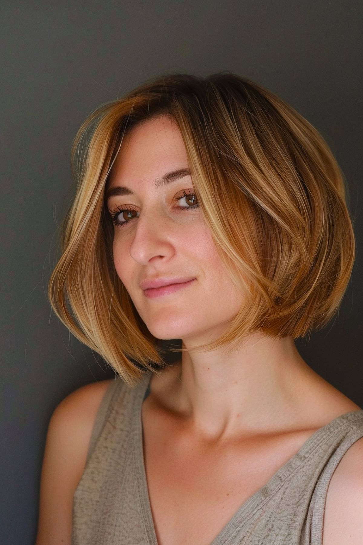 Jaw-length bob with caramel balayage for fine hair