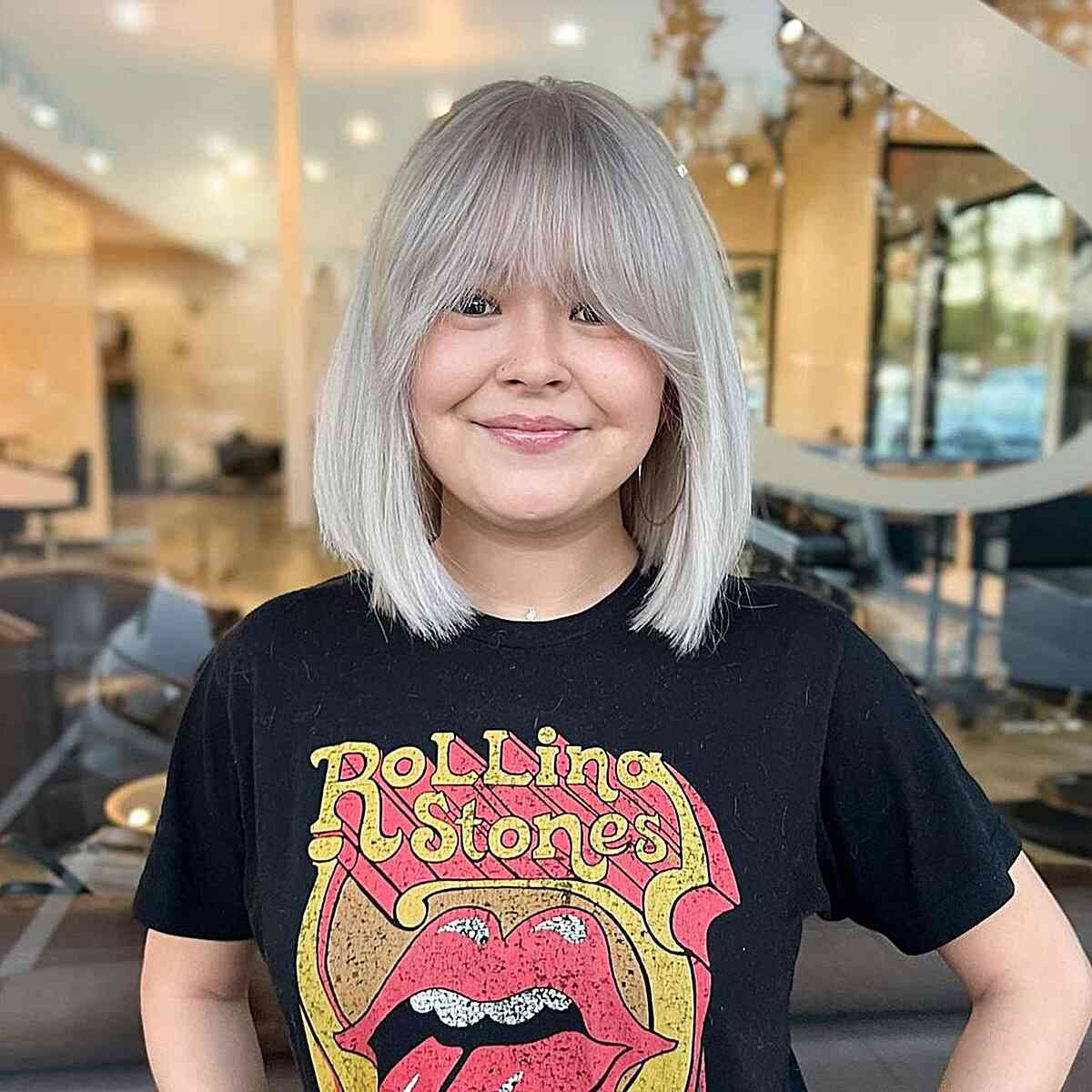Lived-In Blonde to Platinum Bob with Bangs for Round Faces and for women with fine hair