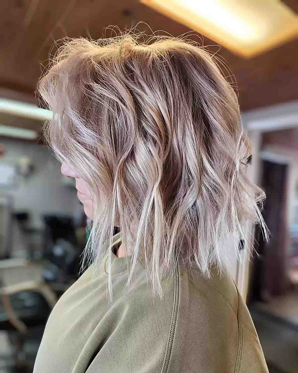 Lived-in Choppy Textured Lob Cut with a Messy Style for Fine Hair