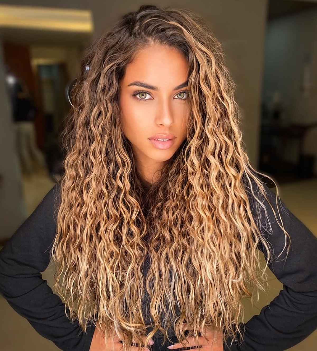 Sunkissed dark long curly hairstyle
