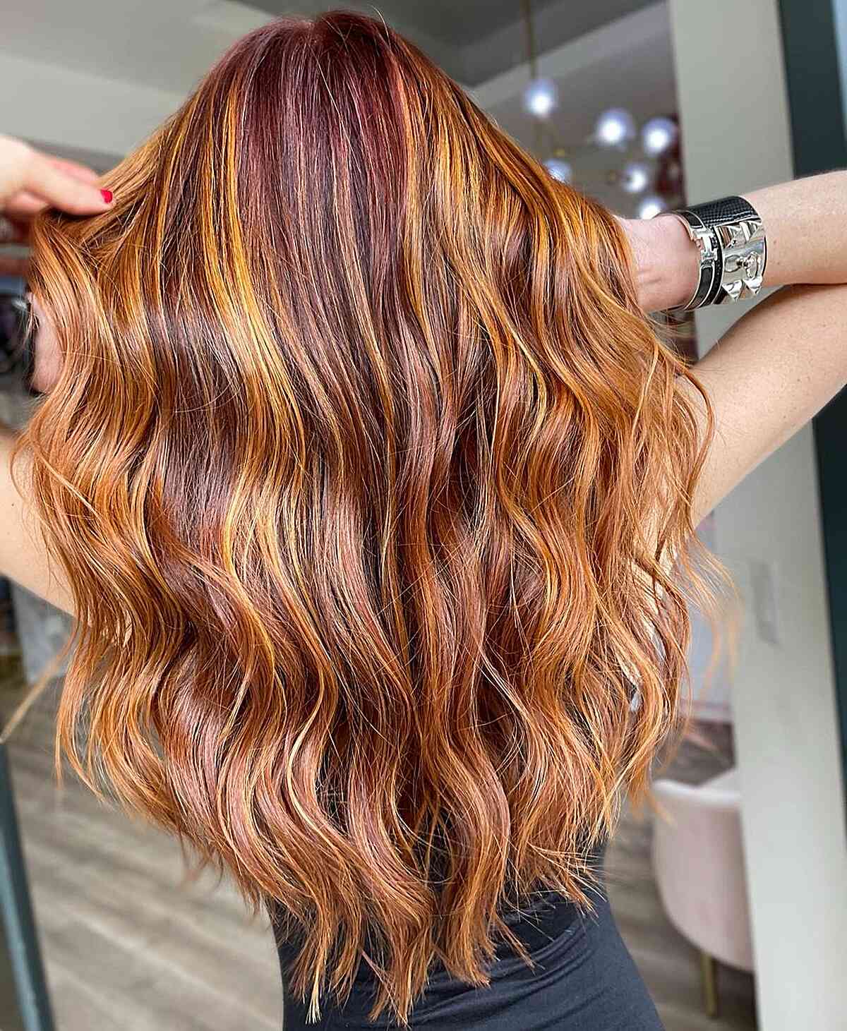 Lived-In Red Hair and Blonde Highlights Hairstyle for women with long hair