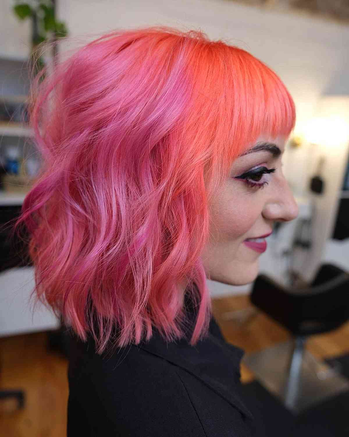 Lived-In Short Pink Hair with Orange Bangs Color Ideas