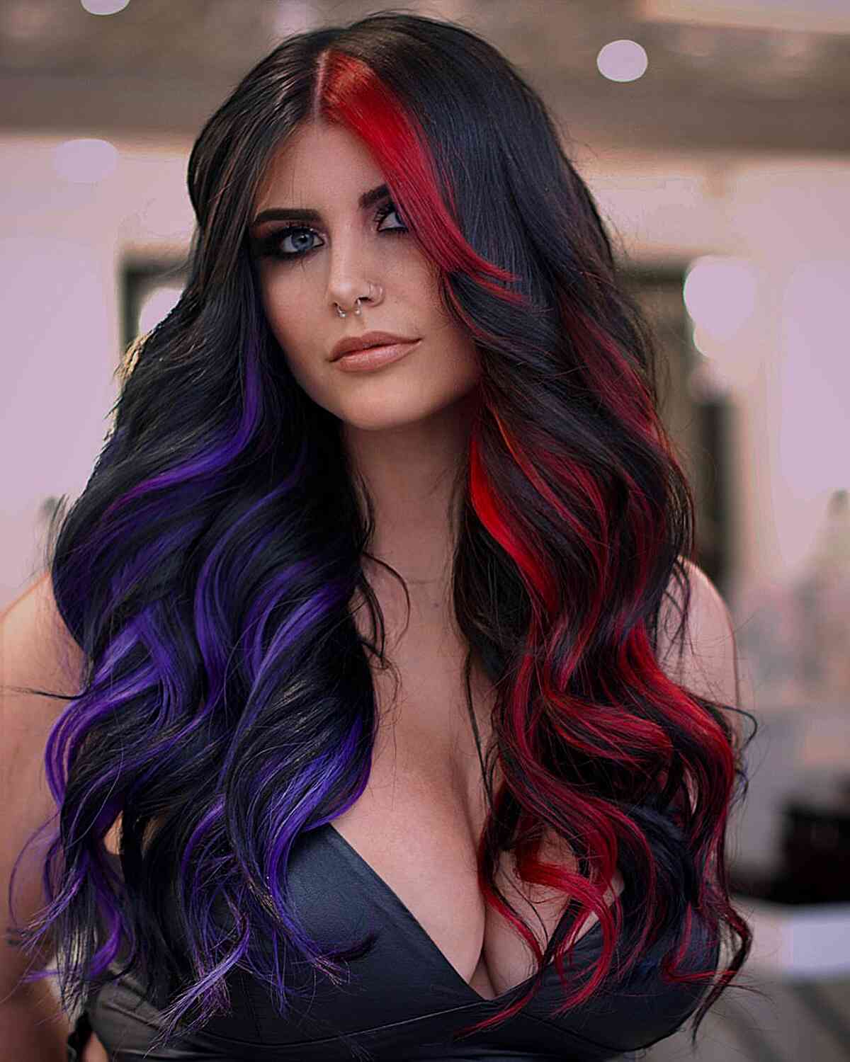Lived-In Vivid Red and Purple Highlights on Black Hair