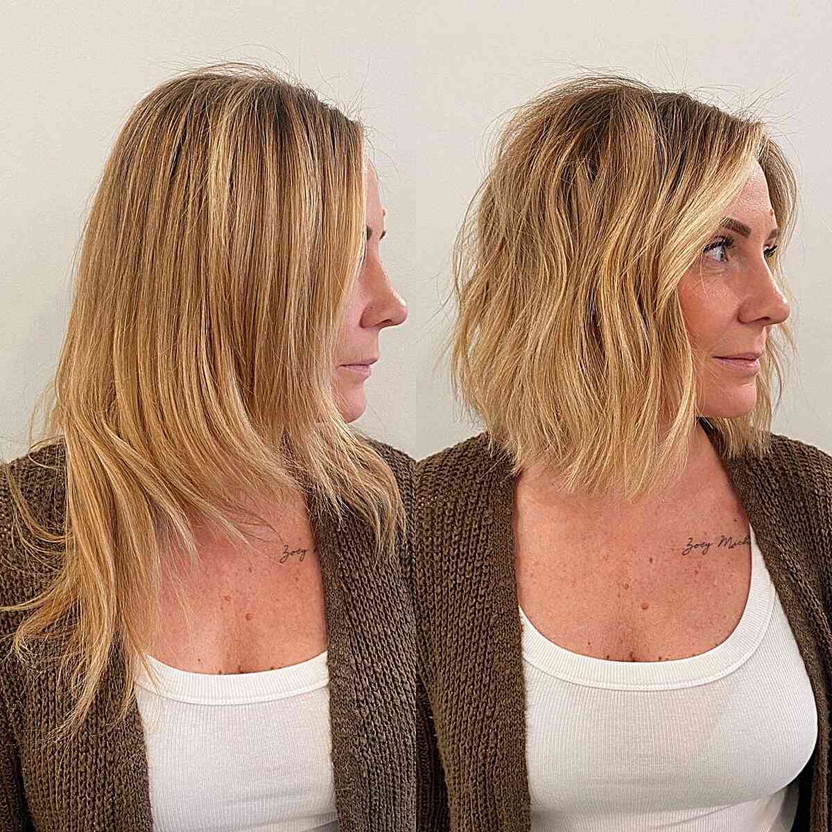 Lived-In Wavy Bob Makeover with Balayage and Dark Roots for Fine Hair