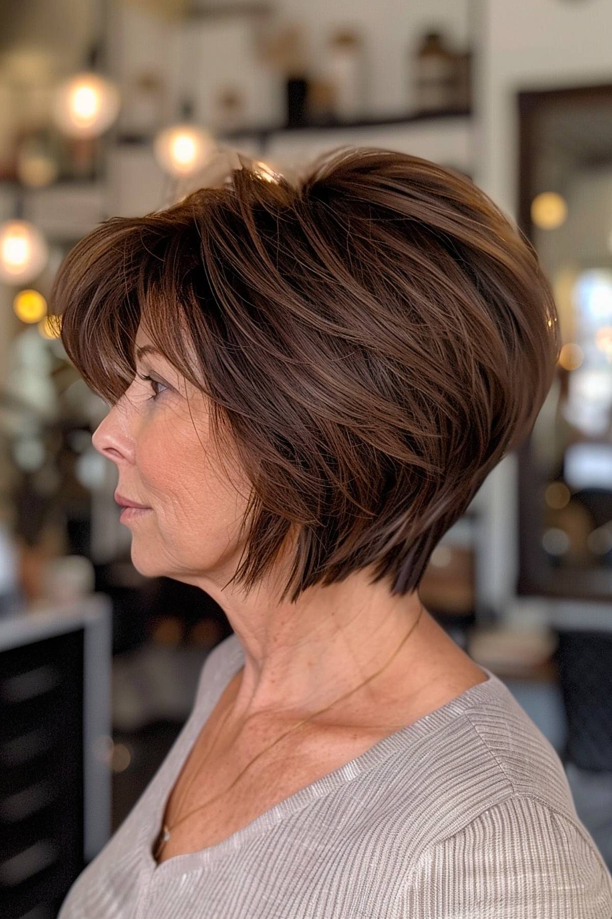 Choppy layered stacked bob haircut with volume