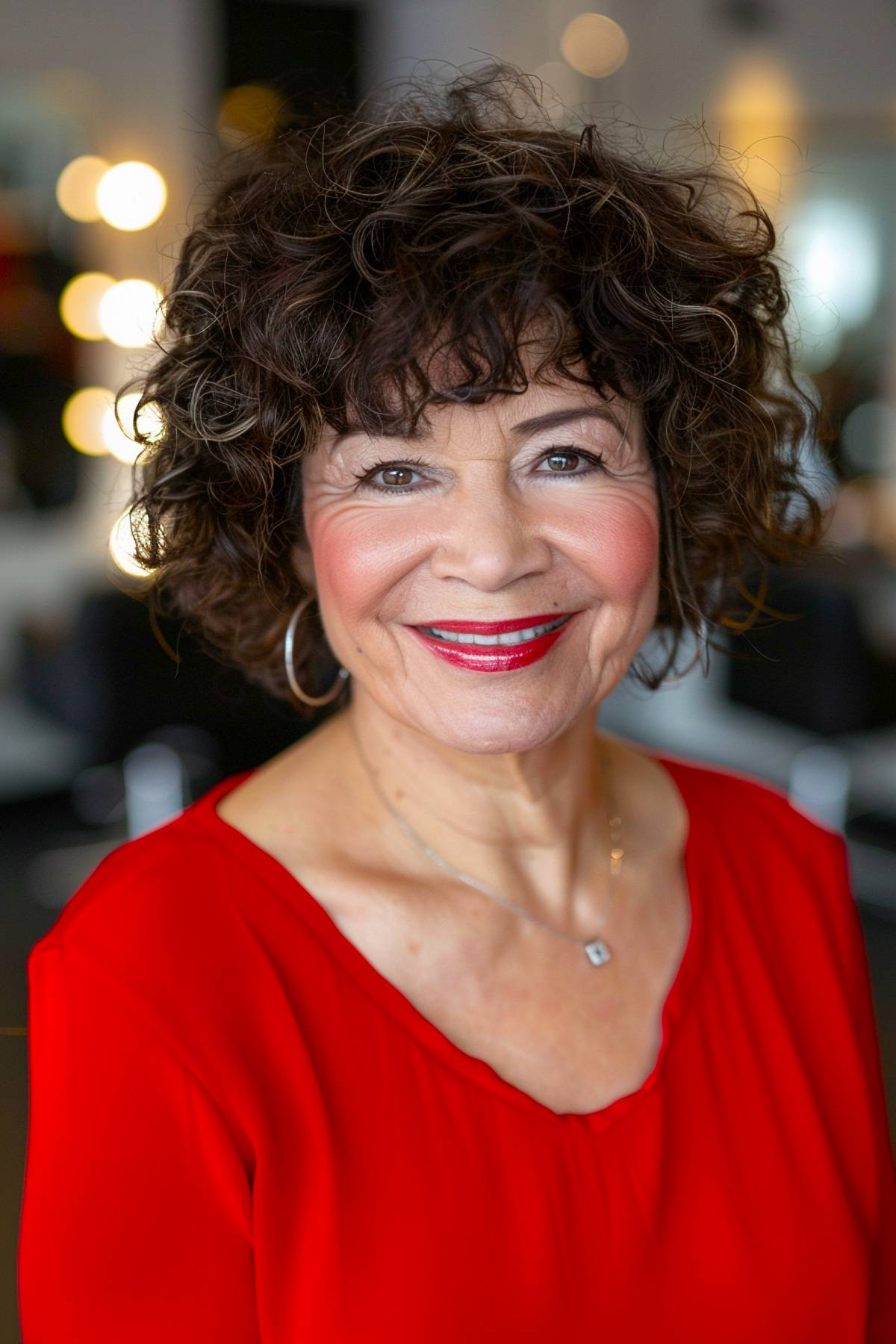 Choppy bangs curly bob haircut for older women with chin-length curls