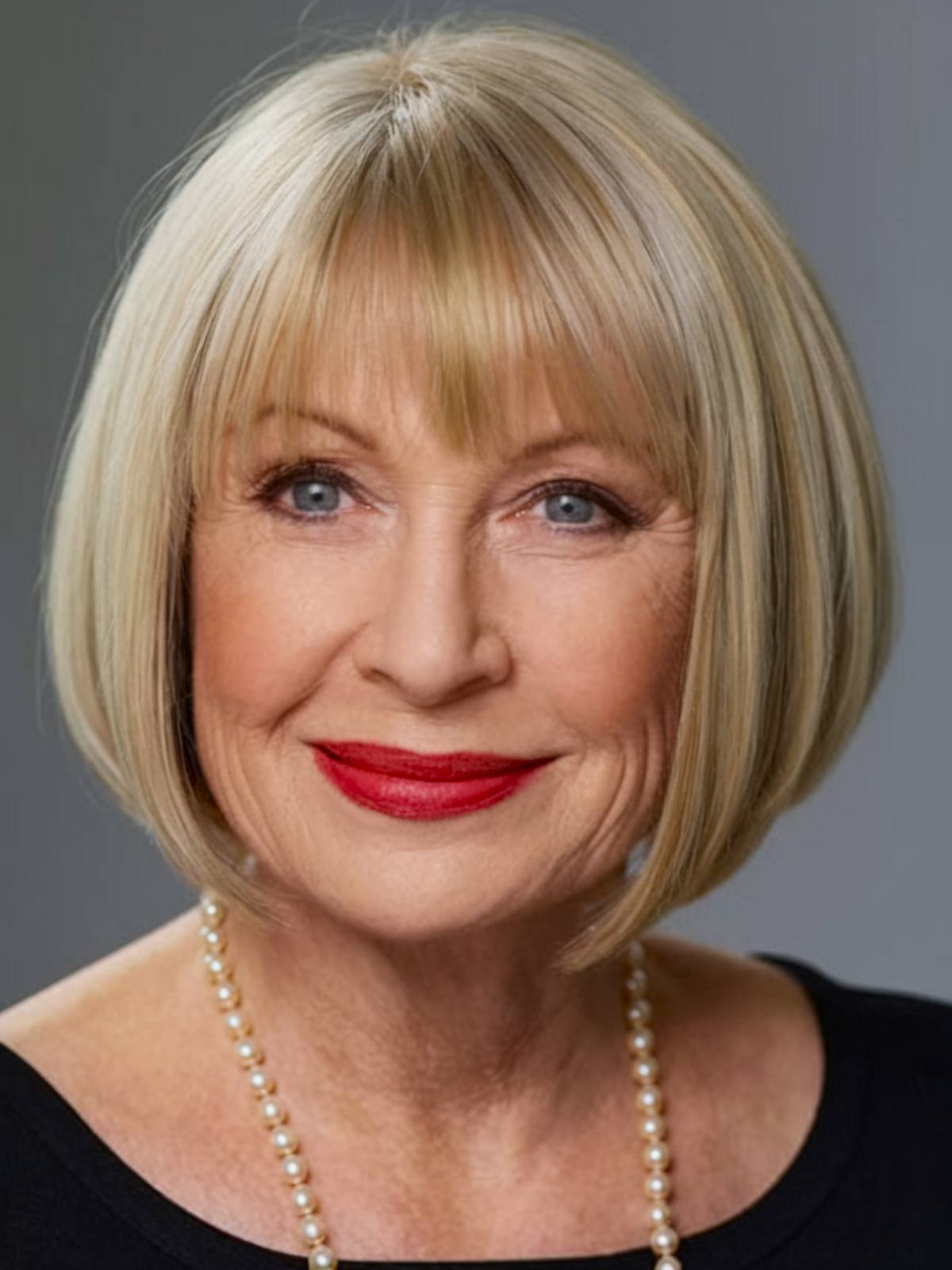 Sassy blonde bob hairstyle with bangs for women over 70