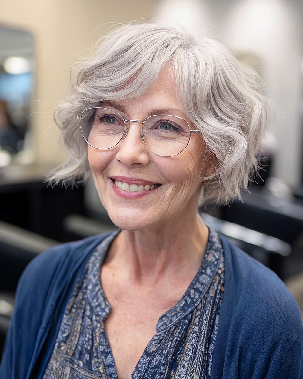 Lixie haircut with soft grey waves and side bangs for women in their 60s