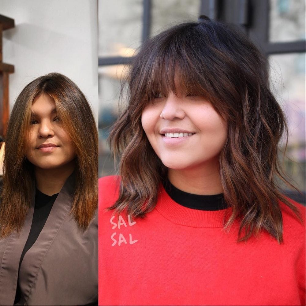 Layered Lob Shag with Brown Highlights for a Round Face Shape
