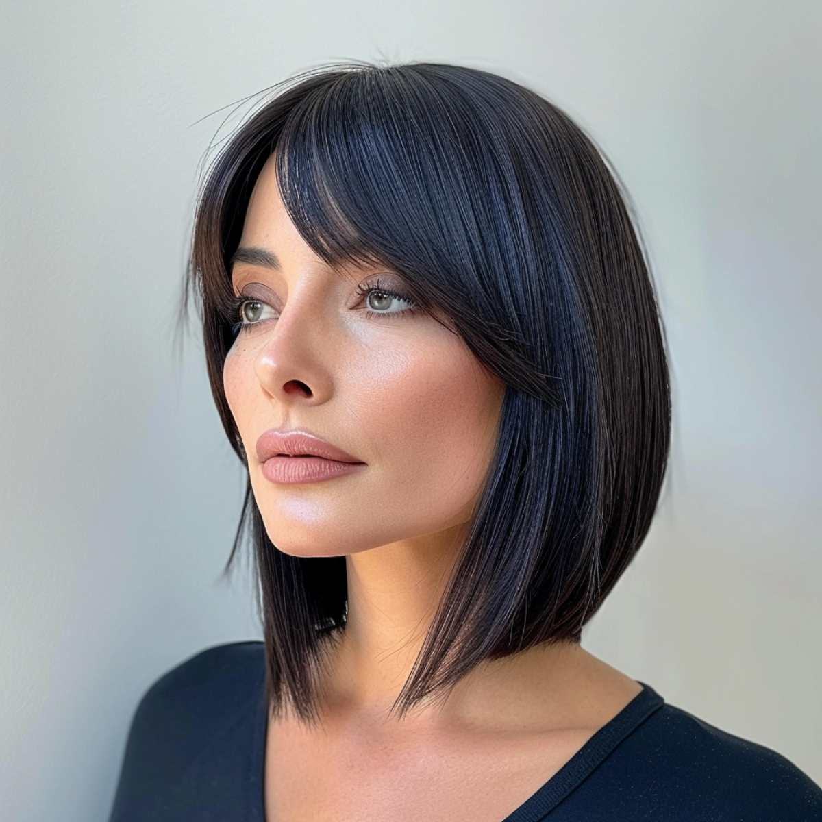 Long a line bob with side swept bangs for women