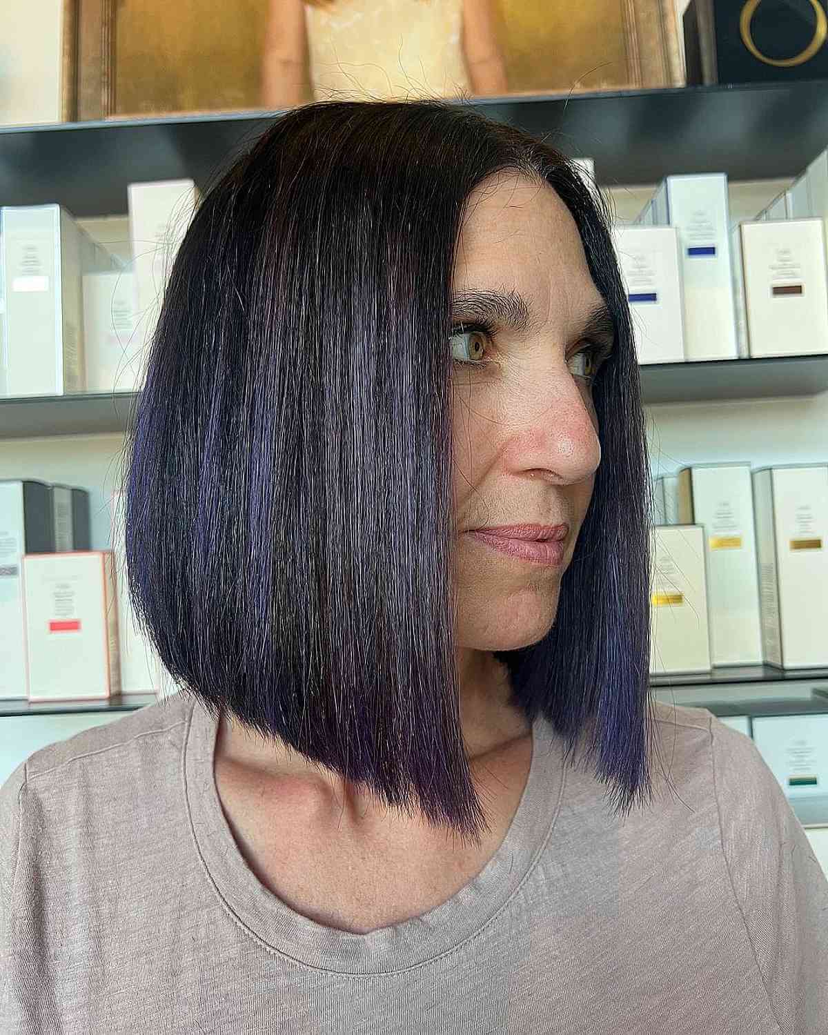 Long A-Line Bob with Subtle Blue Highlights for a Woman Over Forty