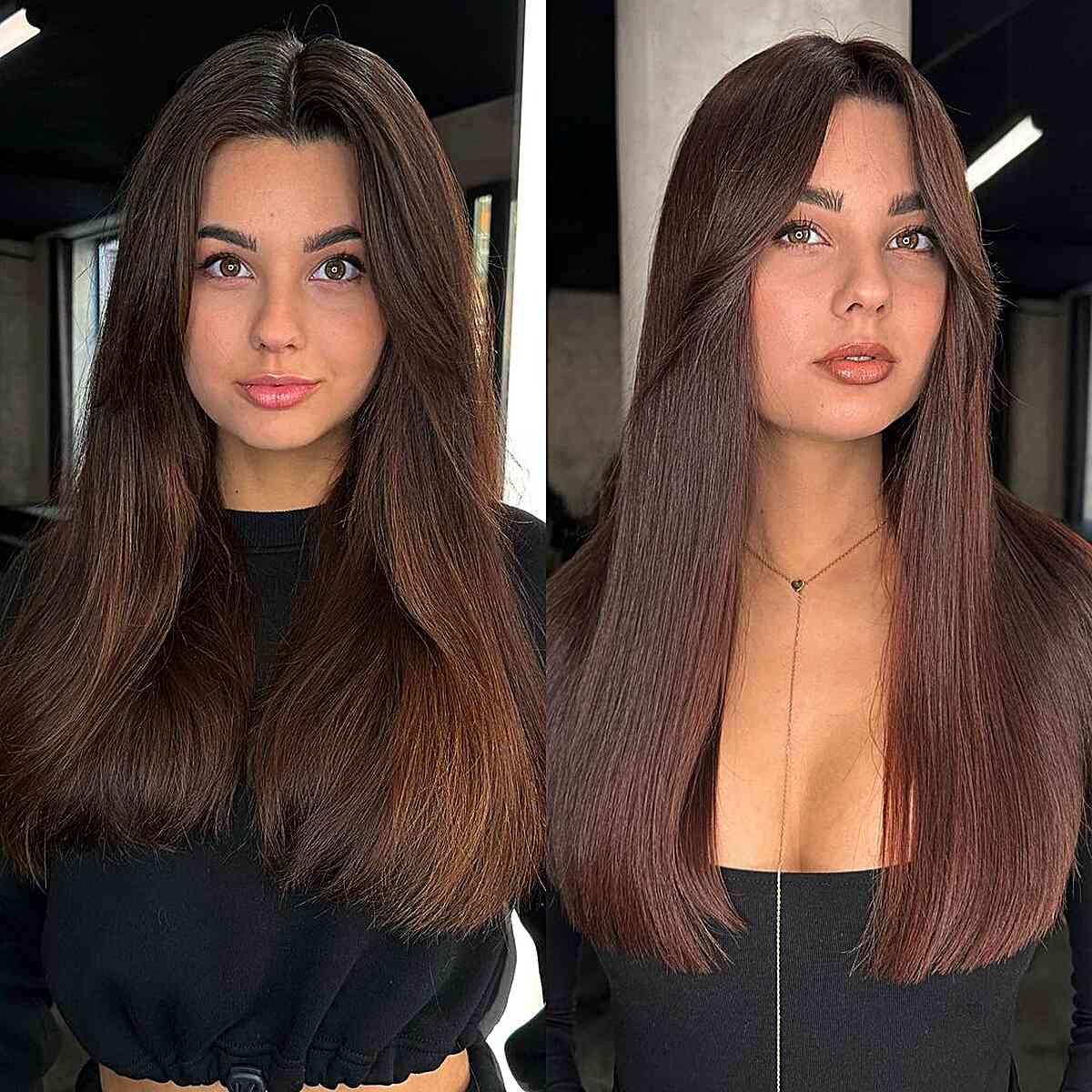 Long and Dark Straight Hairstyle with Middle Parting