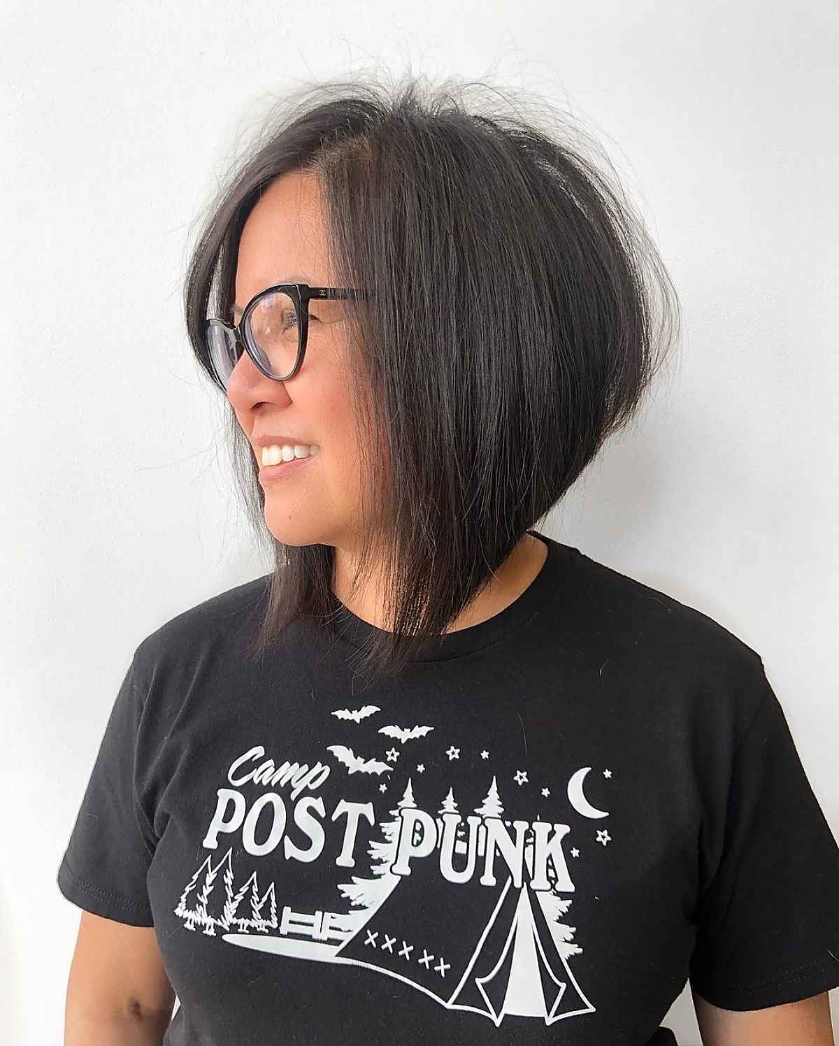 Long Angled Bob for Older Women with Glasses