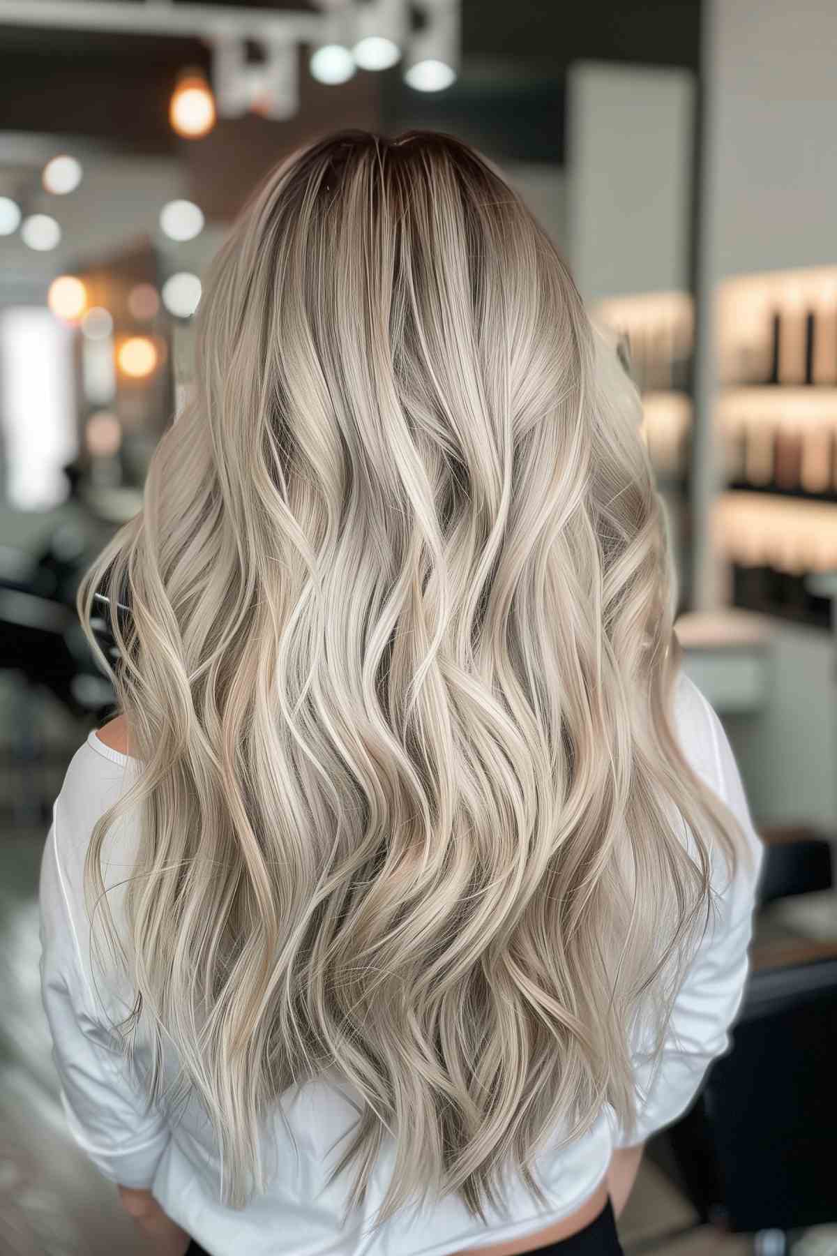 Back view of long ash blonde waves with subtle dimension