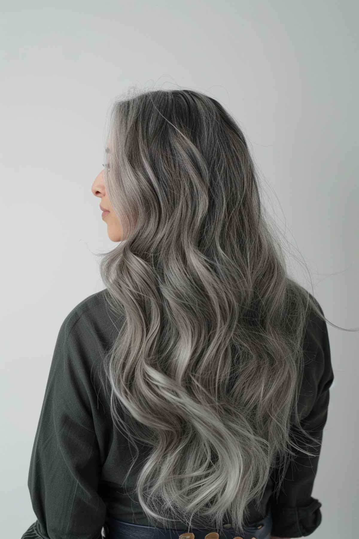 Long wavy ash grey hair color