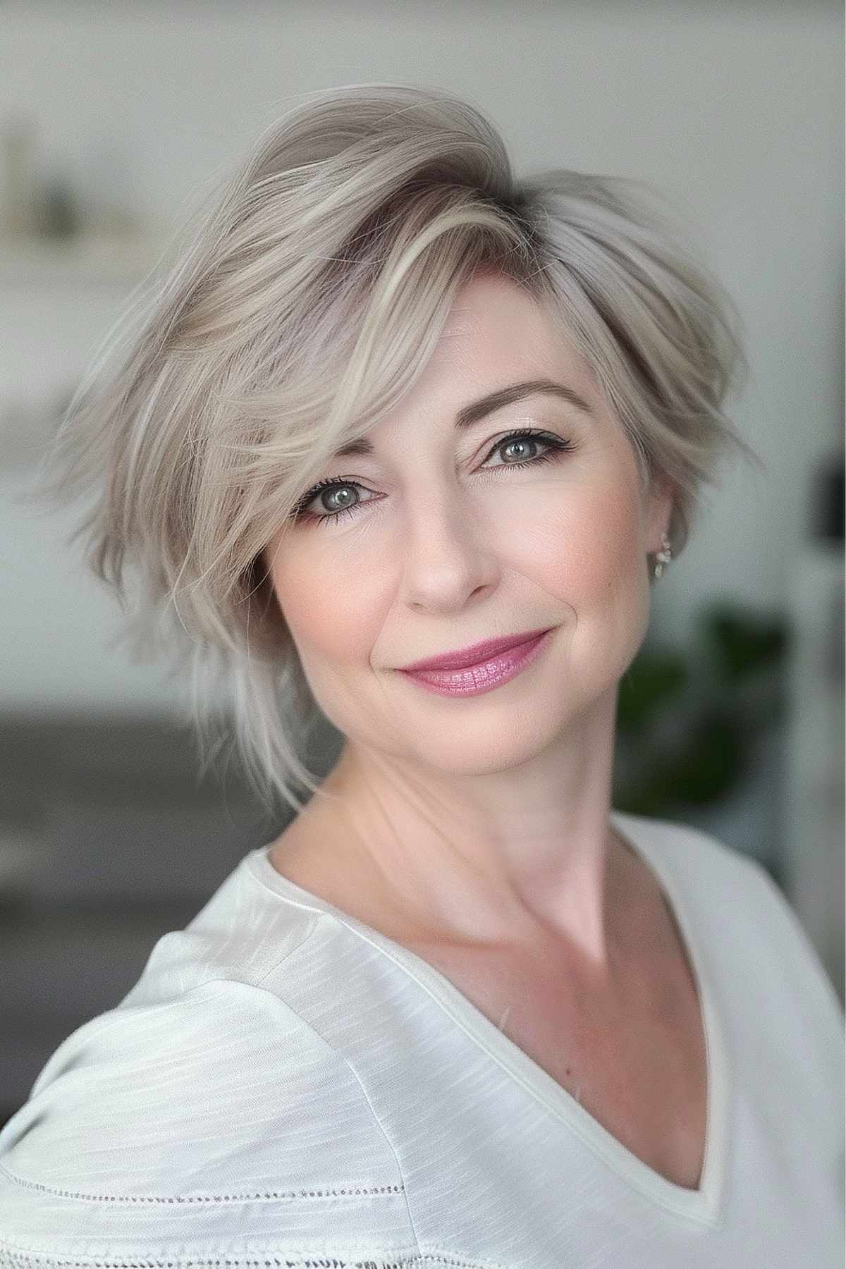 Woman with a longer asymmetrical pixie cut, edgy longer side, and short layers