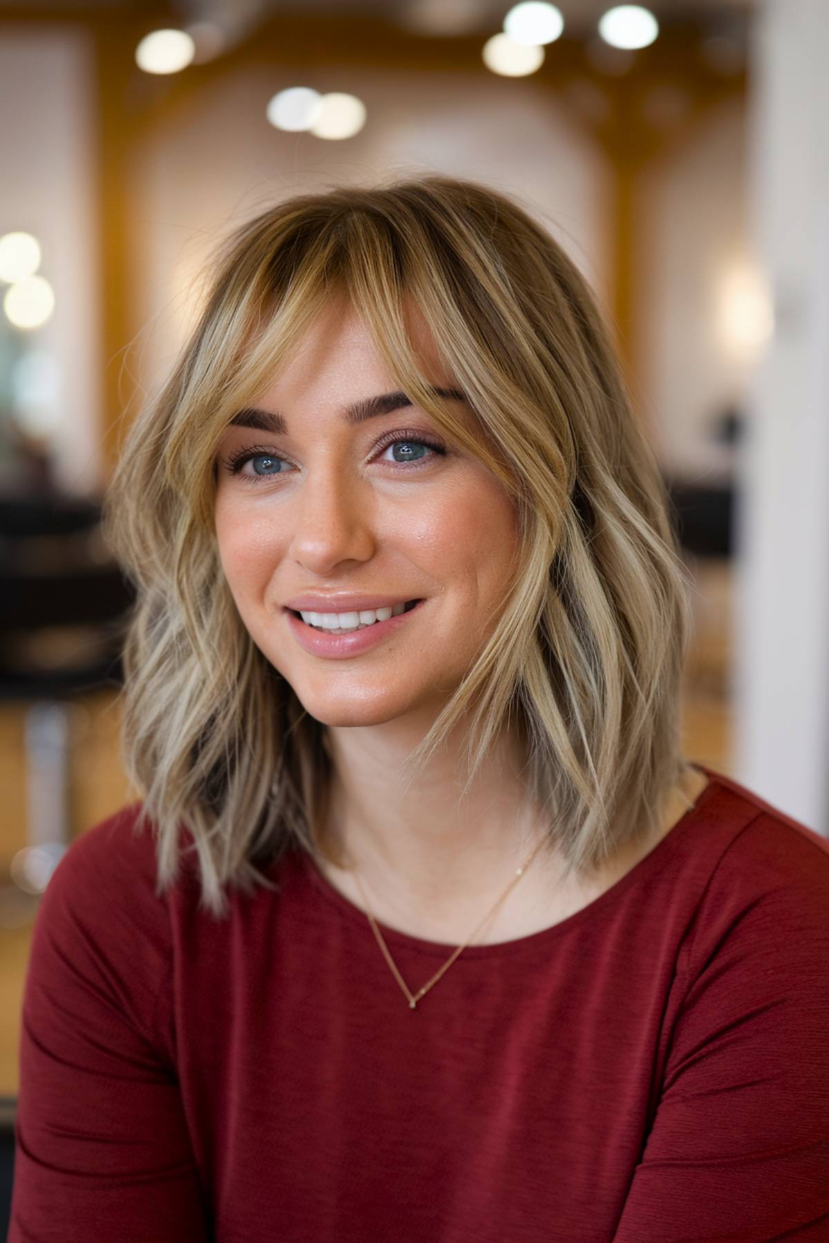 Medium-length blonde hair with soft, face-framing bangs for a modern, effortless look