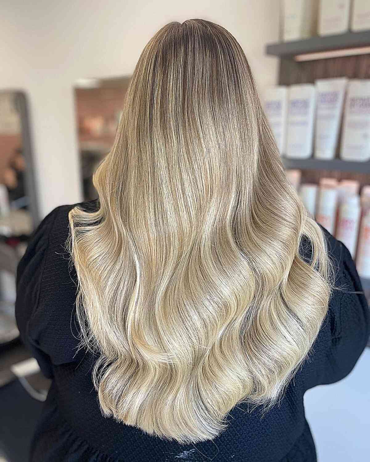 Barbie Blonde with Root Shadow and Long Waves
