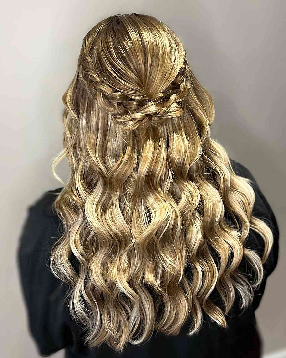 Long Beach Waves and Half-Up Braids and curled ends for Prom Night